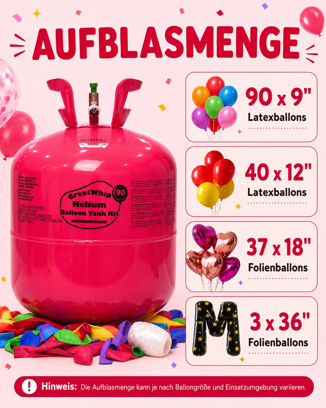 GreatWhip Ballongas für 90 Luftballons Helium Gasflasche 600 Liter (0,6m³) XXXL Einweg mit Füllventil, inkl. Kinderluftballons und Bänder, Hochzeit, Geburtstag, Firmenevent, Party | Einwegflasche mit Füllventil, inkl. Luftballons und Bänder; für Hochzeit,