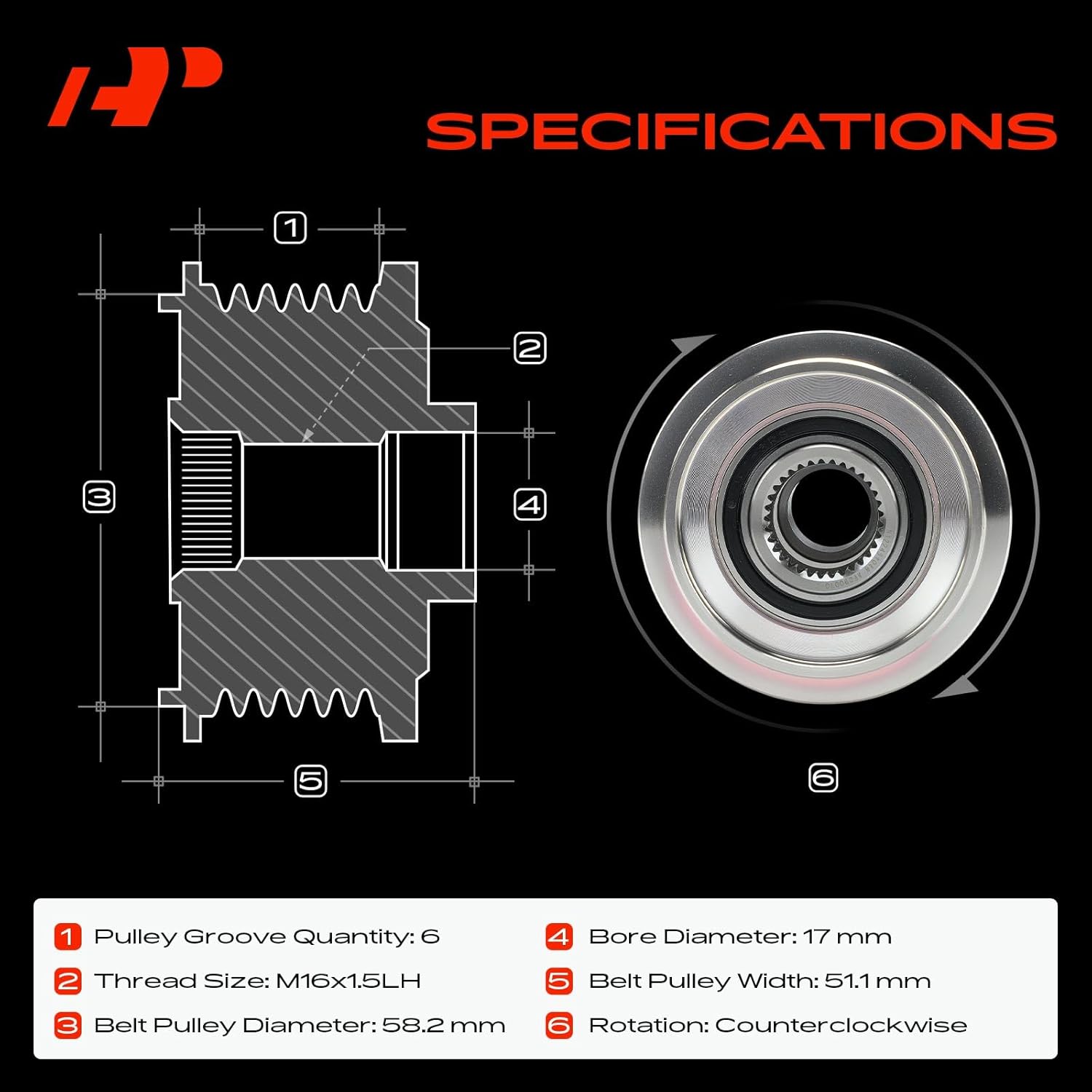 A-Premium Alternator Freewheel Clutch Pulley, 6 Grooves, Compatible with Land Rover Range Rover Evoque 2012-2016, Discovery Sport 2015-2018, LR2 2013-2015, Counterclockwise