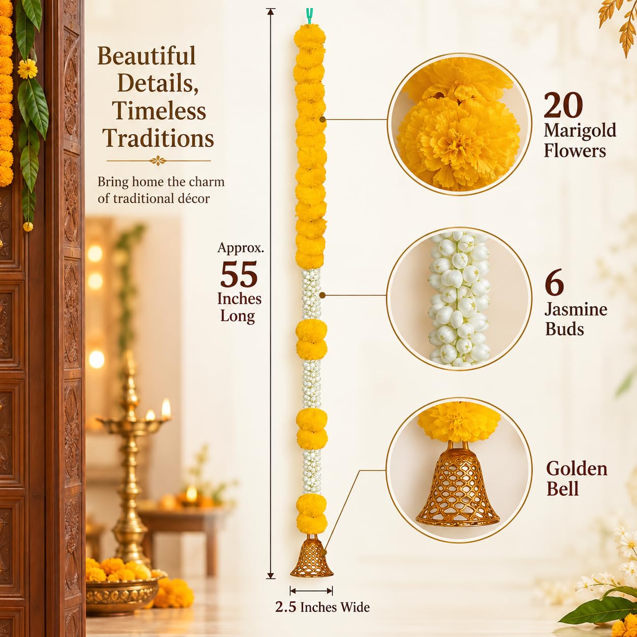 Handmade Marigold & Jasmine Garland - 2 Pack -6