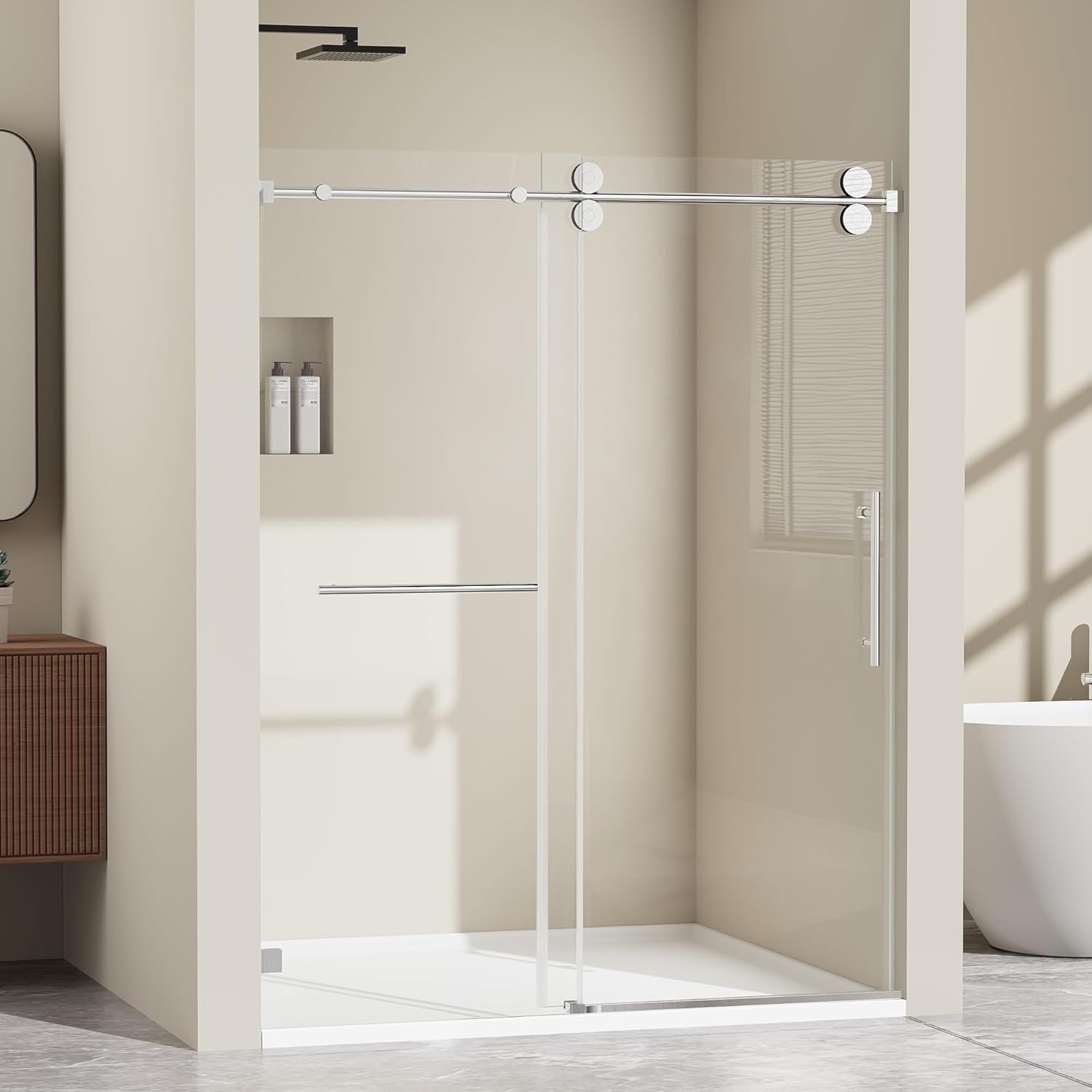 56"-61" W x 60" H Frameless Tub Shower Door, Frameless Single Sliding Tub Door,Shower Door with 3/8" SGCC Tempered Glass & Nano Coating,304 Stainless Steel Hardware,Walk-in Shower Door