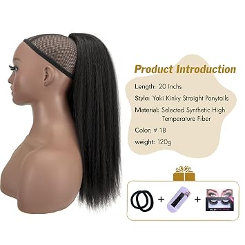 Long Yaki Straight Drawstring Ponytail for Black Women Synthetic Thick Black Kinky Straight Ponytail Hairpieces 20 inch Clip in Ponytail Extension for Girl Daily Use(1B Black)