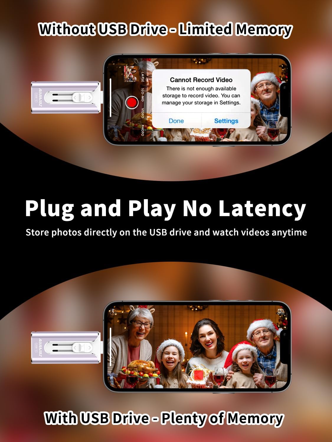 256GB Mini Dual Interface Flash Drive, USB-C & USB-L, Portable Memory Stick Compatible with iPhone 17/16/15/14/13/12/11, iPad Android PC, Easy to Save Photos, Videos & Files (Lavender Purple)