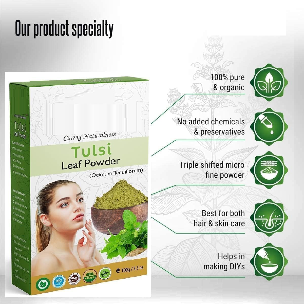 HS Natural Tulsi Leaf Powder - 100 Gram (3.52 oz) - Ocimum Sanctum - for Skin & Hair - Tulsi Powder