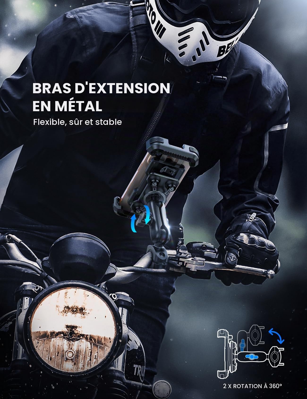 Lamicall Support Téléphone Moto Antivol Double Anti-Vibration Bras Extension Métal pour Guidon Vélo 360° Pivotant iPhone 16 15 14 4,7-6,7"