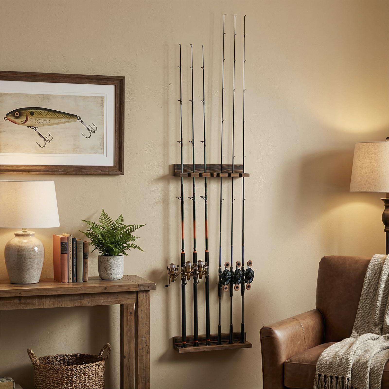 MyGift Fishing Rod Holder, Wall Mounted Burnt Wood Fishing Pole Holders for Garage, Adjustable Vertical Hanging Garage Storage Fisherman Gear Rack Holds 6 Rods, Christmas Gift : Sports & Outdoors