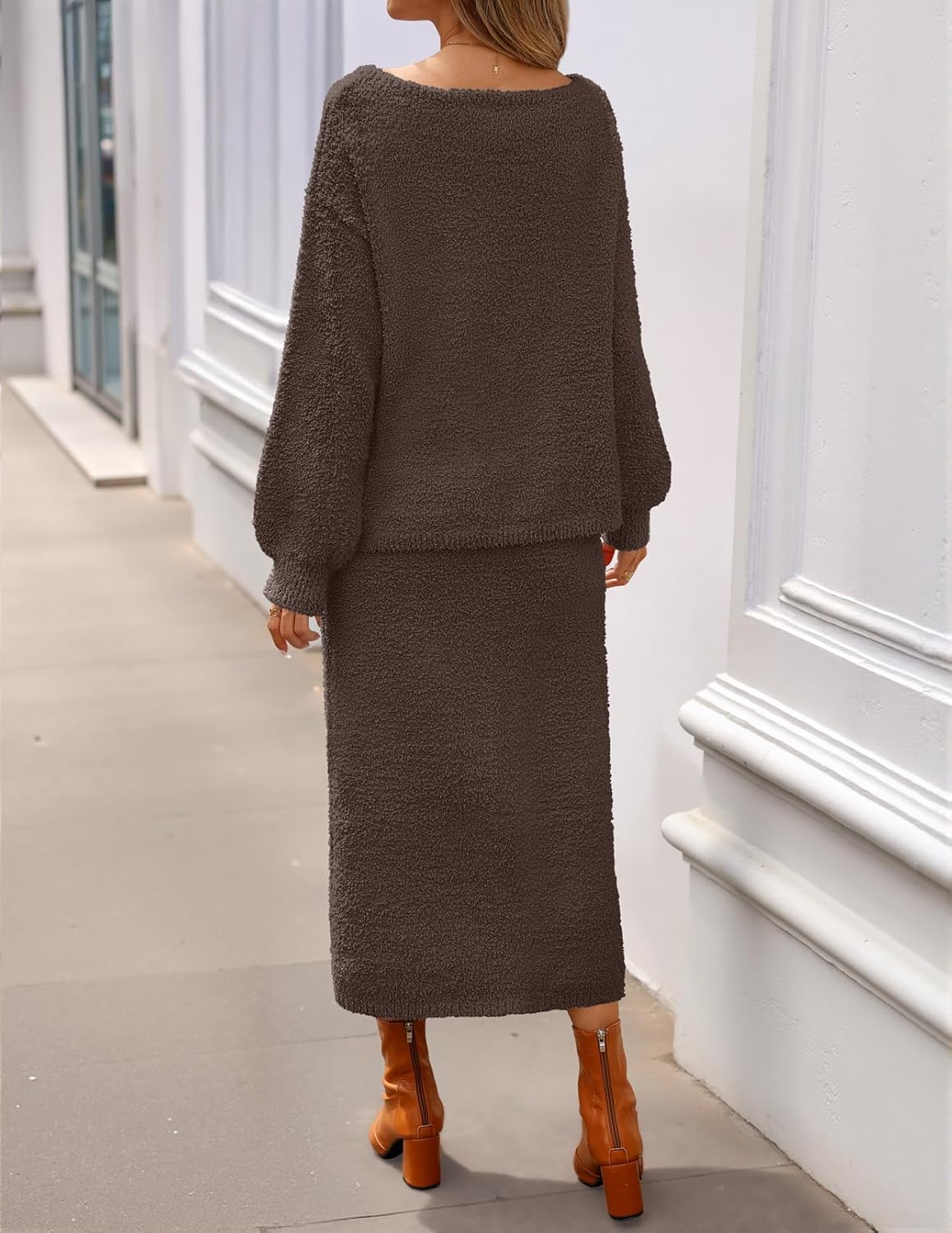 MEROKEETY Women's Fuzzy 2 Piece Outfit Winter Long Sleeve Off Shoulder Pullover Top Midi Skirt Matching Lounge Sets - Image 4