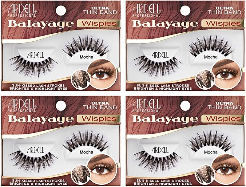 Cílios postiços Ardell Balayage Wispies com faixa ultrafina, tons mocha e preto, pacote com 4 pares