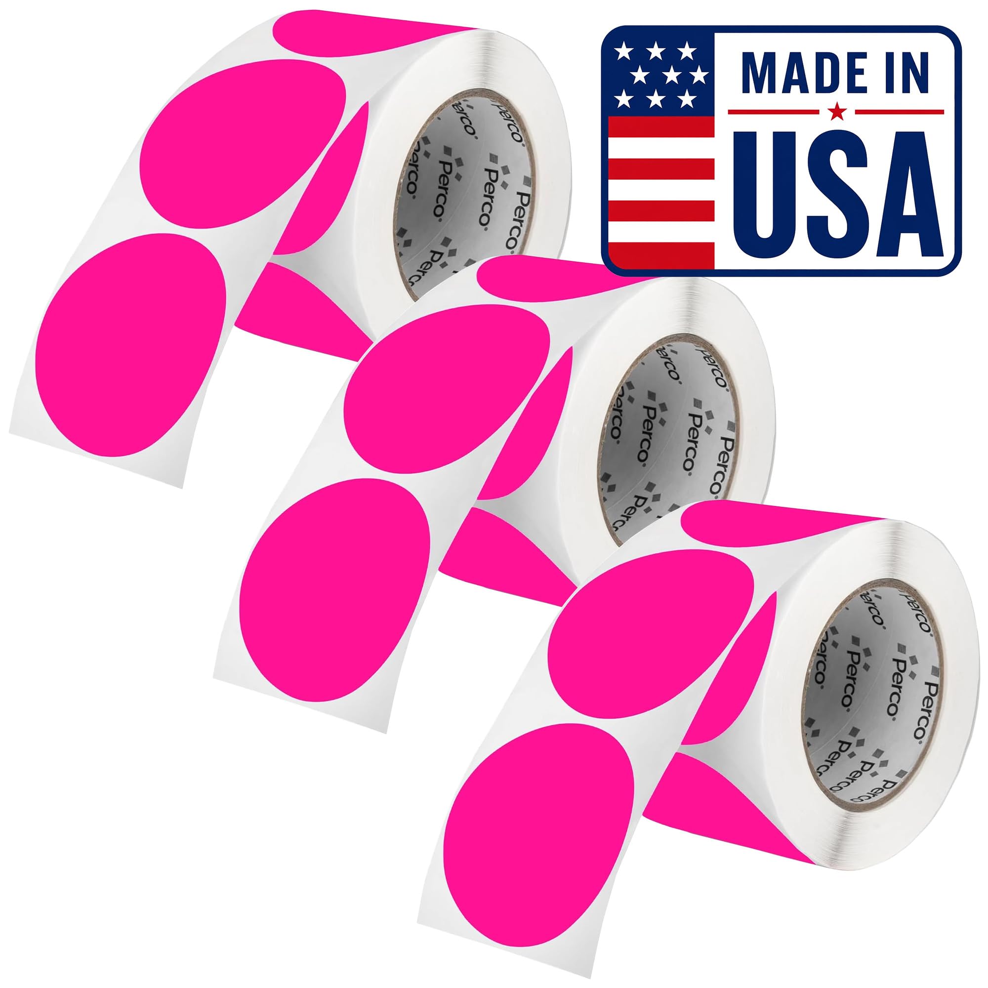Perco Neon Pink Perforated Round Circle Dot Sticker 3-Inch Labels — 3 Rolls, 1,500 Stickers - Promo, Event &amp; Gift Packaging Labels, High Visibility, Strong Adhesive - Made in USA