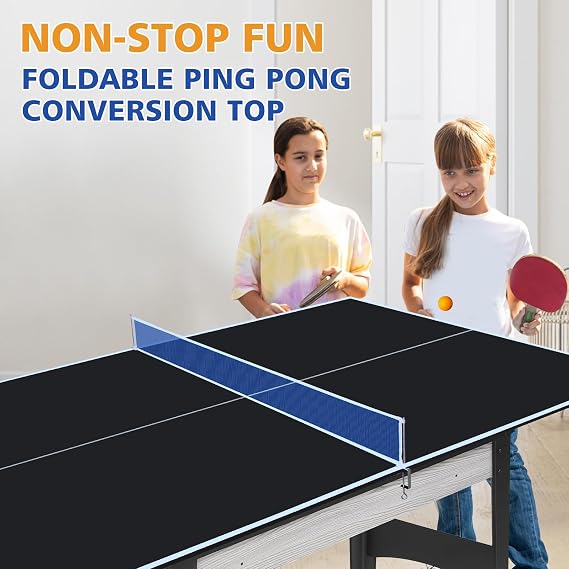 IUNNDS Table Tennis Table Topper, 6/7/8/8.5/9FT Foldable Ping Pong Conversion Top with Net Set for Billiard & Pool Tables