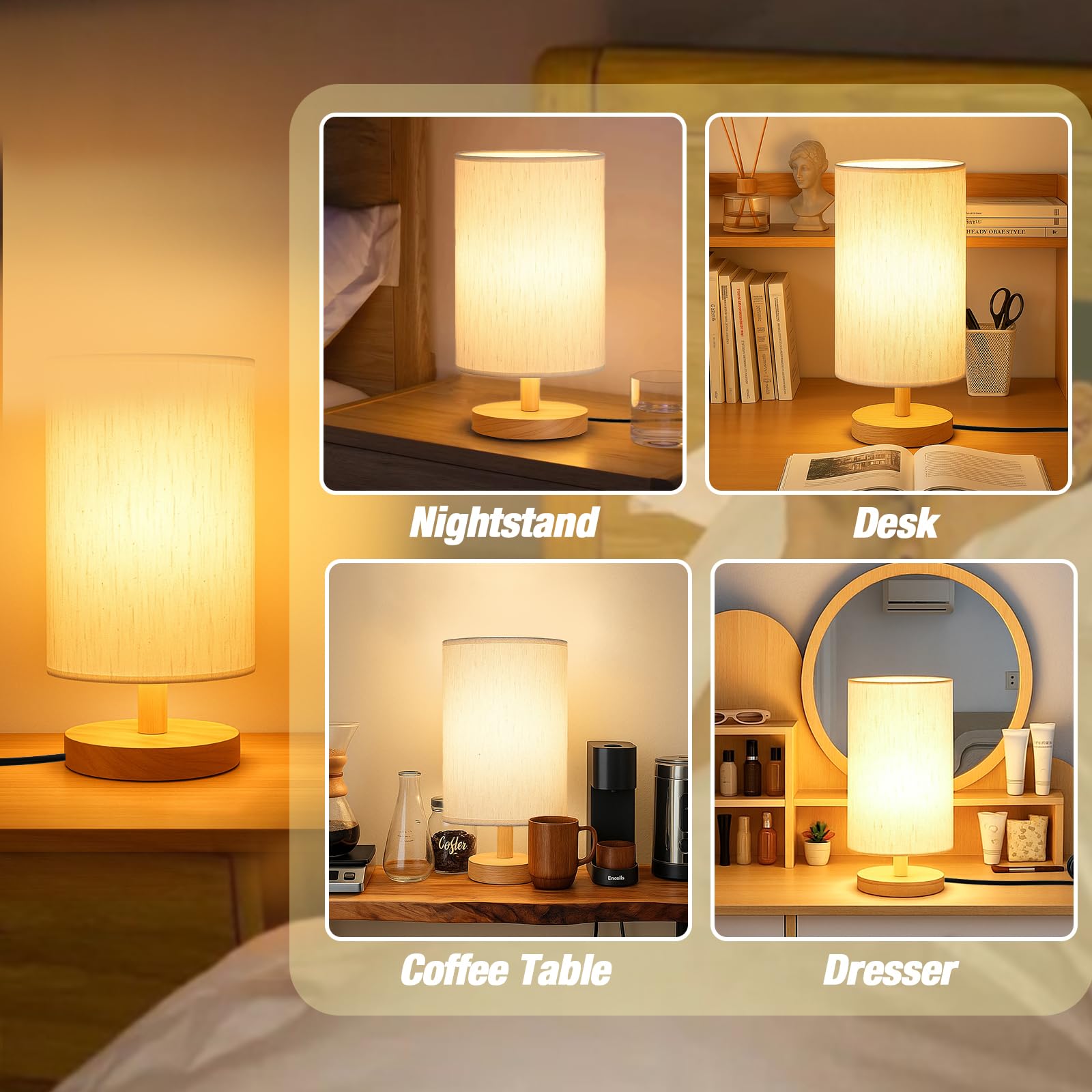 Schreibtischlampe LED Birne inklusive, kleine Nachttischlampe Plug-in - Klassischer Holzsockel mit Lampenschirm aus Flachsstoff, Lampen für Nachttische, einfaches Nachttischlicht für