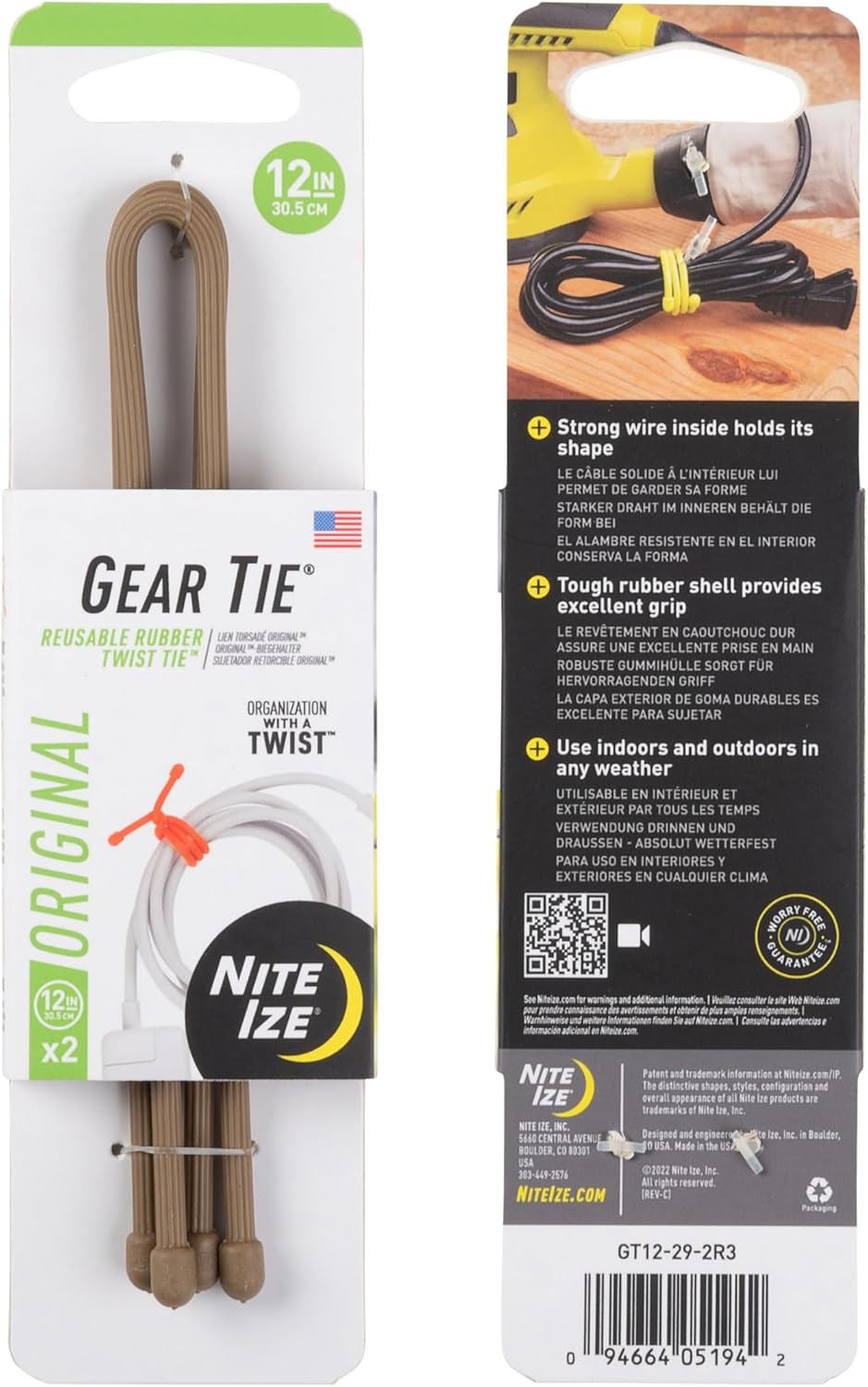 Nite Ize GT12-29-2R3 Original Gear Tie, Reusable Rubber Twist Tie, 12 Inch, 2-Pack, Coyote, Made in the USA