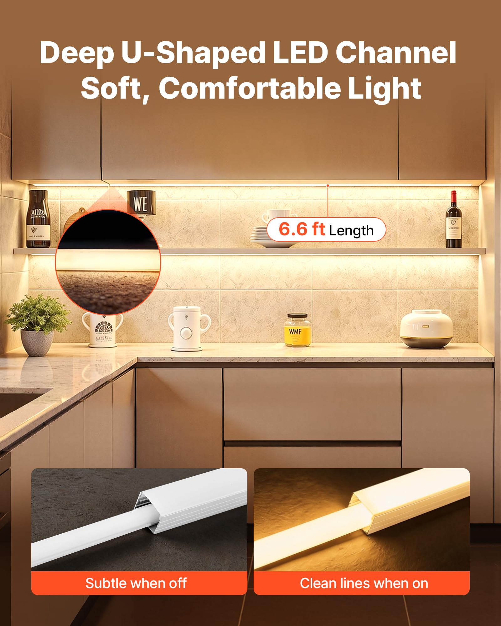 VEVOR Set di Profili per Strisce LED in Alluminio 10 pezzi a Forma di U Lunghezza 2 m, 10 Canali per Luci LED Sottopensile da Cucina Illuminazione con Diffusore in PC Opalino, Canali Protezione Luci