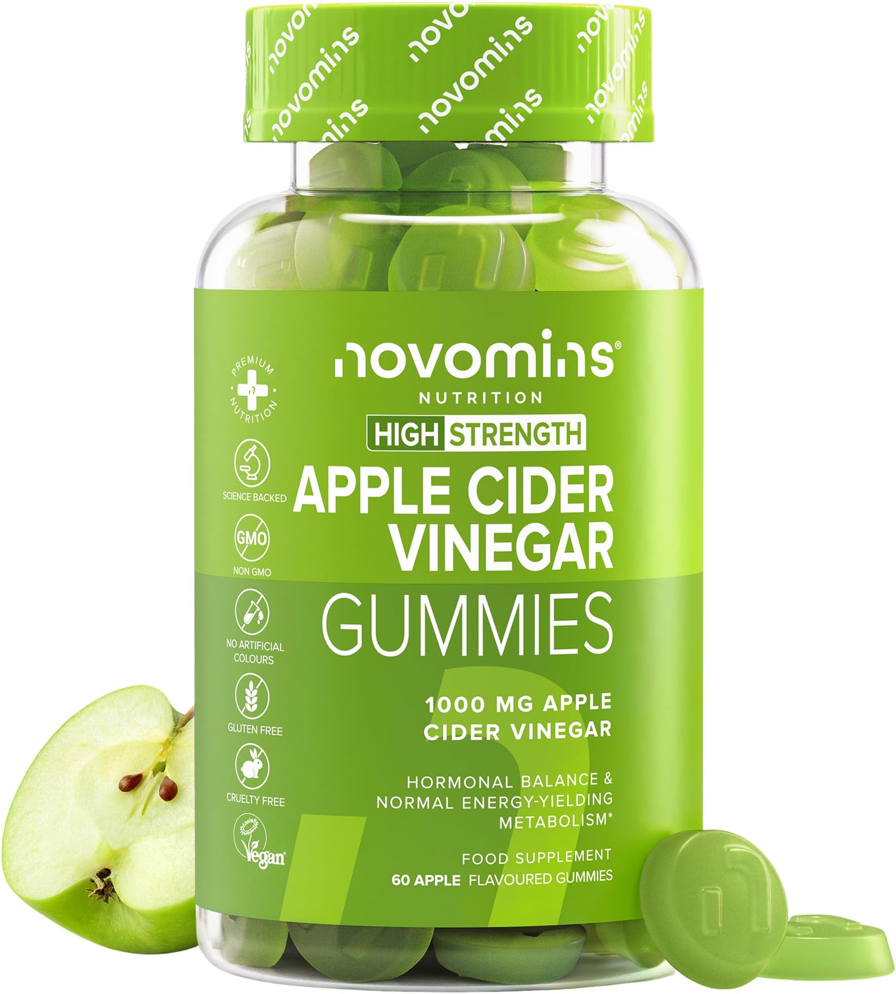 Apple Cider Vinegar with Mother - 1000mg ACV Gummies - Enriched with Vitamin B12, B6, D2-60 Vegan Gummies - Metabolism & Gut Health Support - Alternative to Apple Cider Vinegar Capsules - Novomins