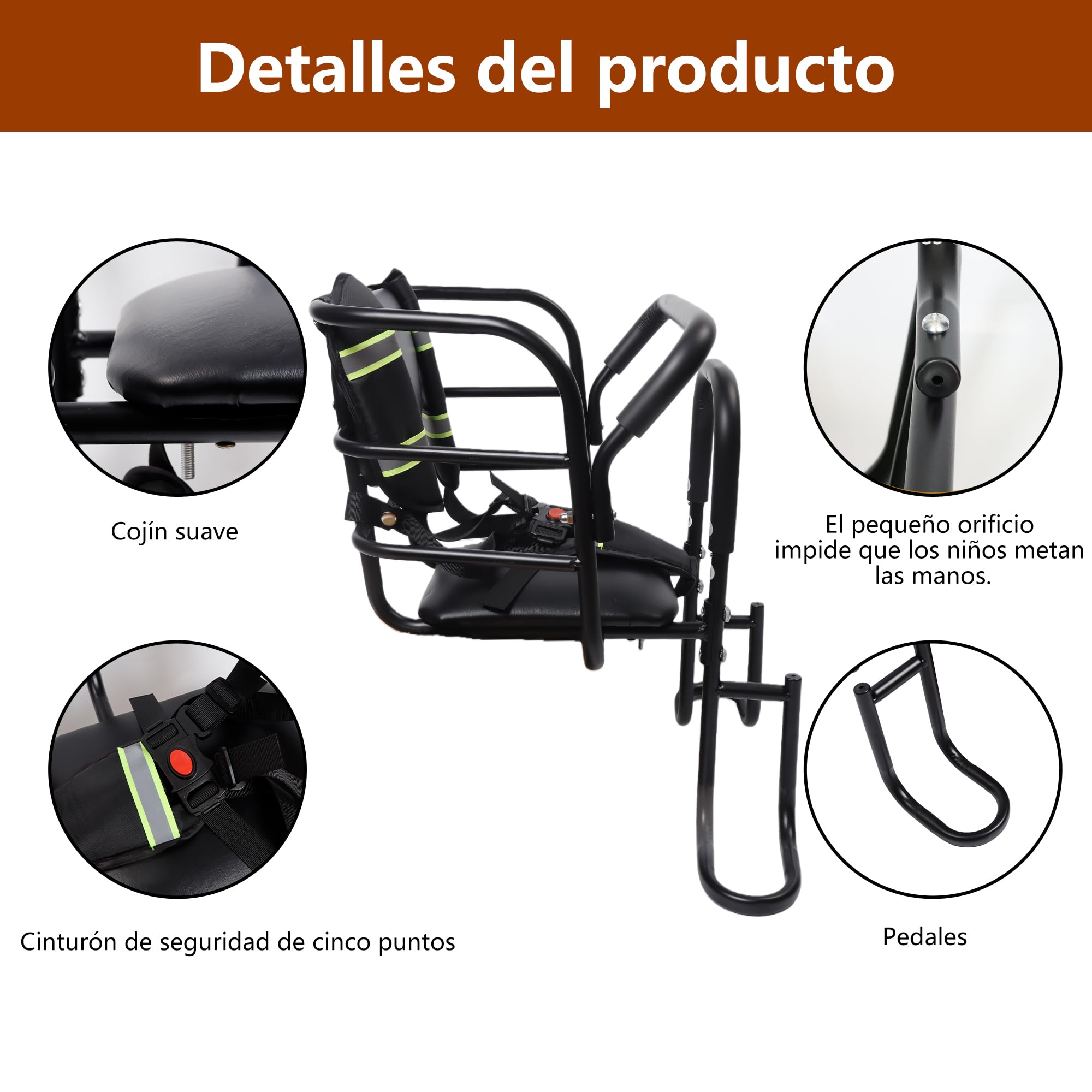 QMD Asiento Trasero para Bicicleta Infantil, Asiento para Bicicleta Infantil con Pedales, Respaldo y pasamanos, diseñado para niños de 18 Meses a 8 años, fácil instalación.