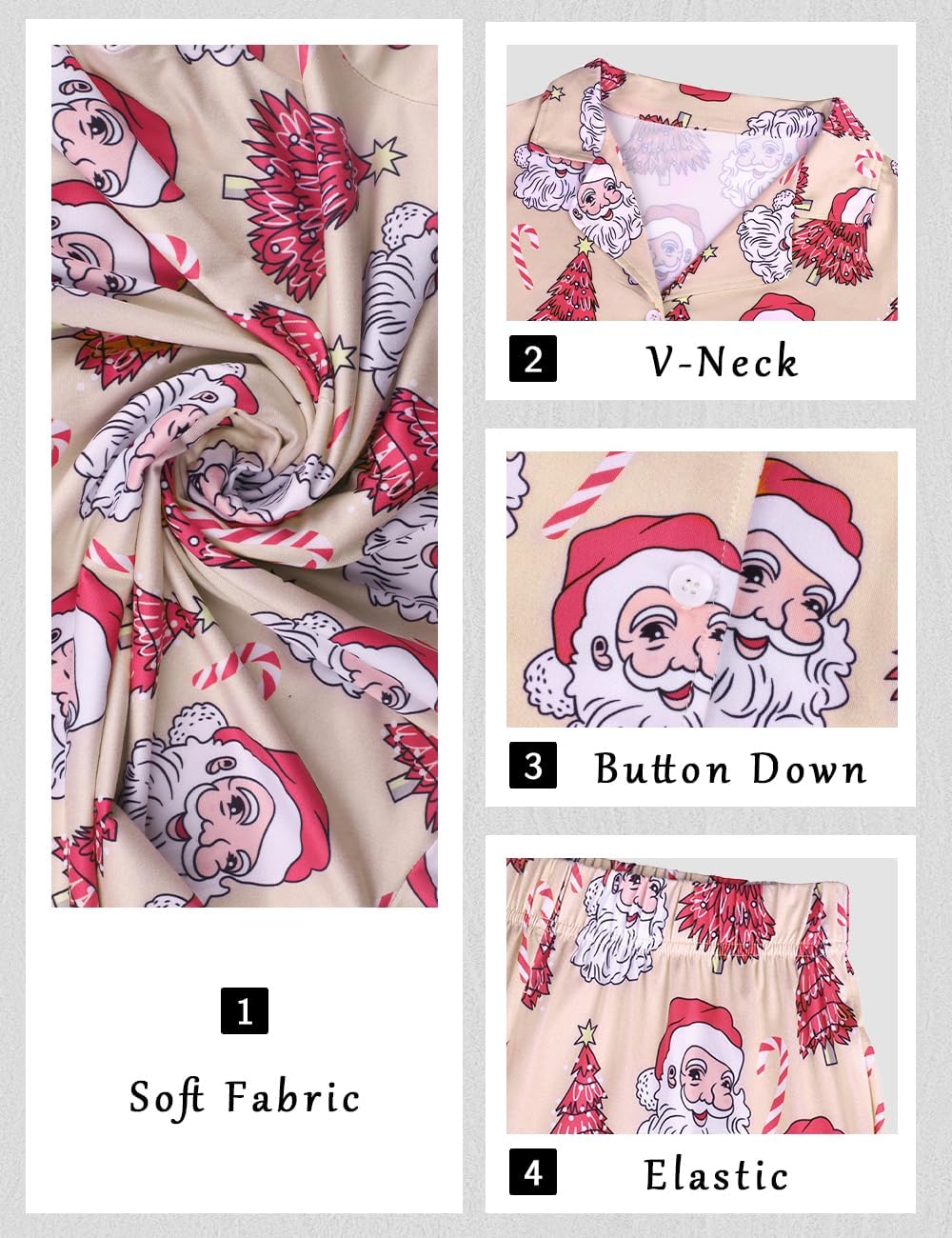 Ecosunny Christmas Santa Pajama Set Women's Long Sleeve Sleepwear Soft Loungewear Two Piece Button Down Pjs Lounge Set - Image 5