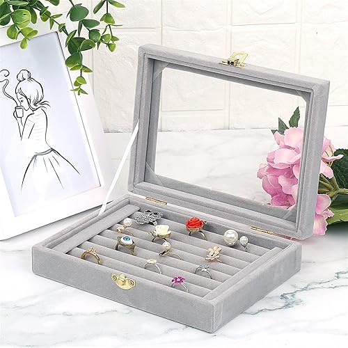Miniatura 2 de Caja de almacenamiento para anillos de joyería de terciopelo de cristal caja de almacenamiento aretes joyero estuche para anillos gris