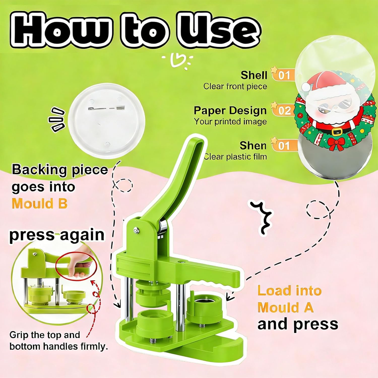 Button Maker Machine 58mm (2.25in), Professional Badge Making Kit with 50 Parts, No Installation DIY Badge Maker, Pin Press Machine, Kids Craft Kit for Crafts, Schools