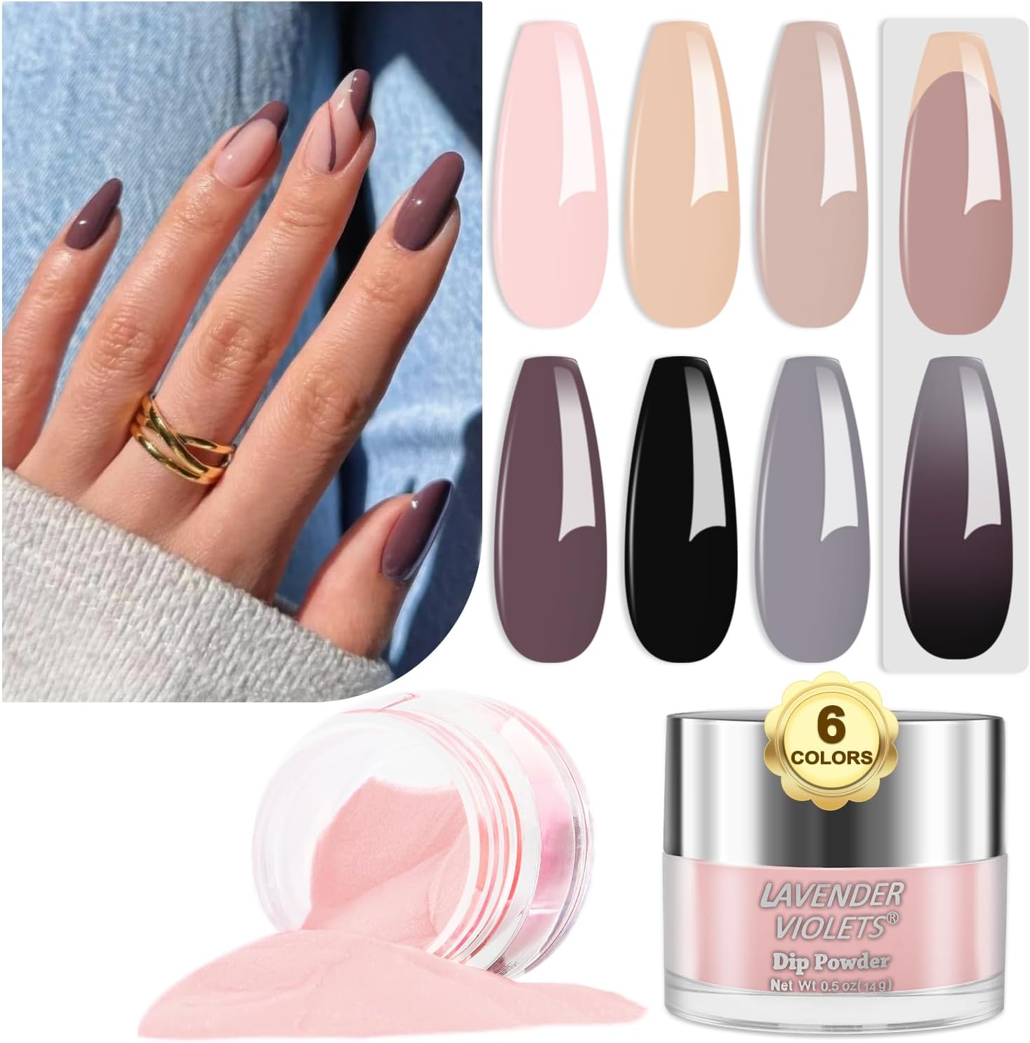 Lavender Violets 14g x 6 colours Dip Powder French Nail Art Light Pink Coffee Nude Grey Black All Season Warm Colour Manicure Dipping Nail Powder Large Capacity DIY Salon Design J210