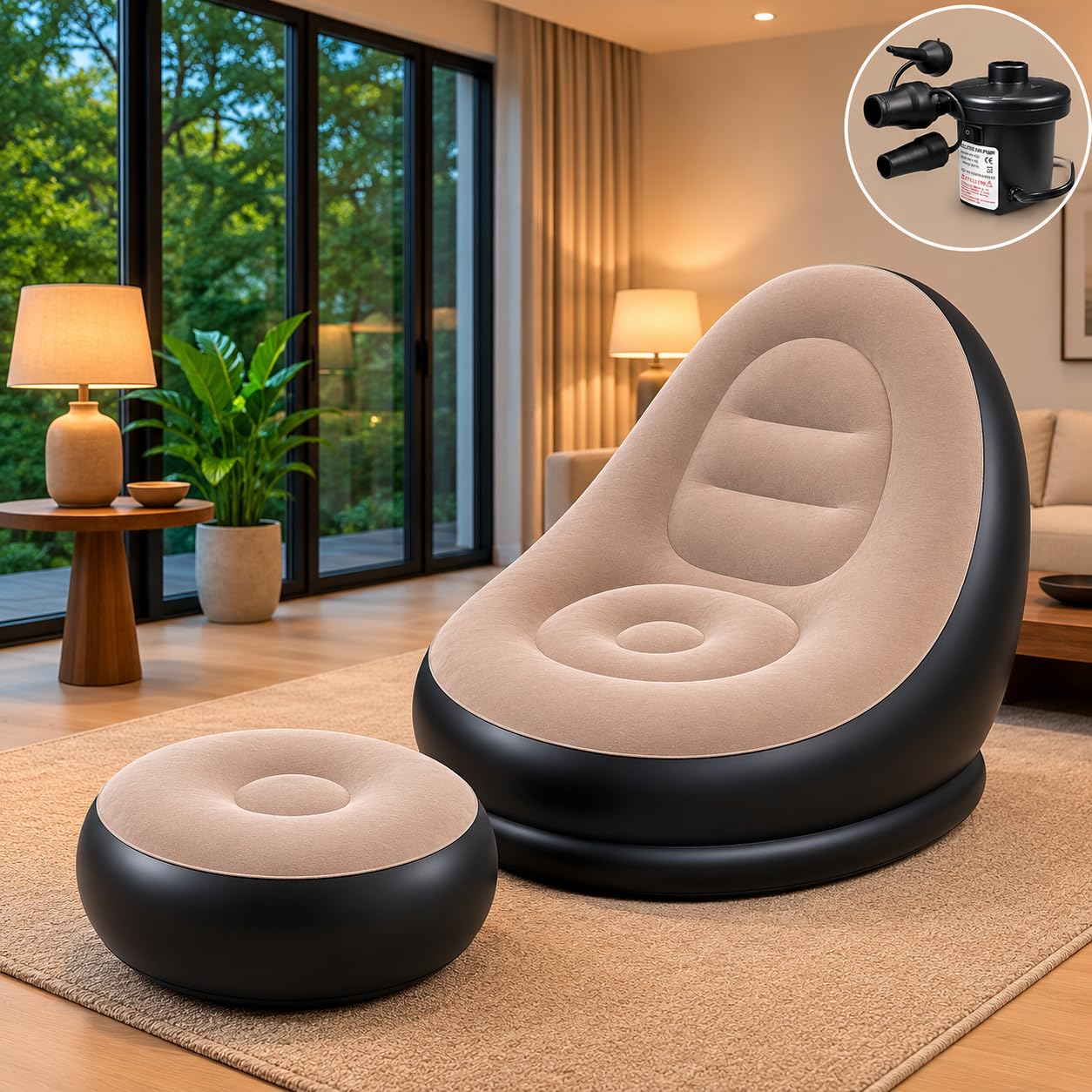 DTR Creation Inflatable Lounge Chair for Adults with Ottoman, Foldable Air Sofa Couch, Portable Blow Up Chair for Living Room Bedroom, Comfortable Indoor Seating, 150 kg Capacity (Beige) 4