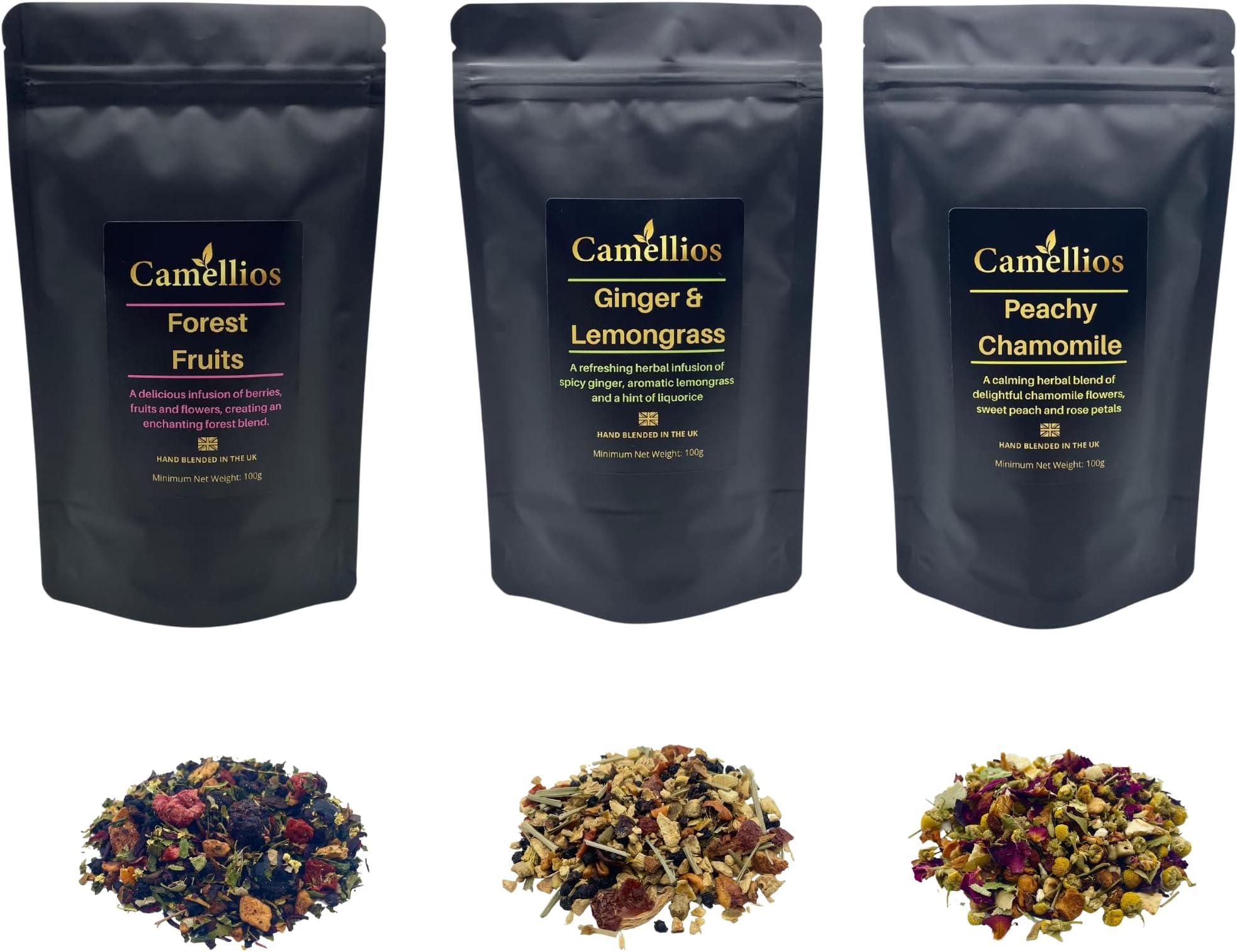 Herbal Tea Selection, 3 Wellness Loose Leaf Teas, Camellios (3 Flavours, 100g Each)