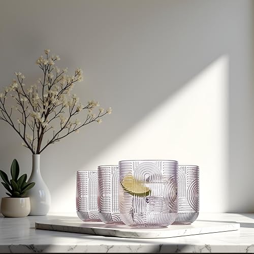 Miniatura 5 de Glaver's Juego de 4 vasos de whisky de 13 onzas, vasos de roca de 13 onzas, diseño Art Deco en relieve, moderno, vintage, para el hogar, bar,