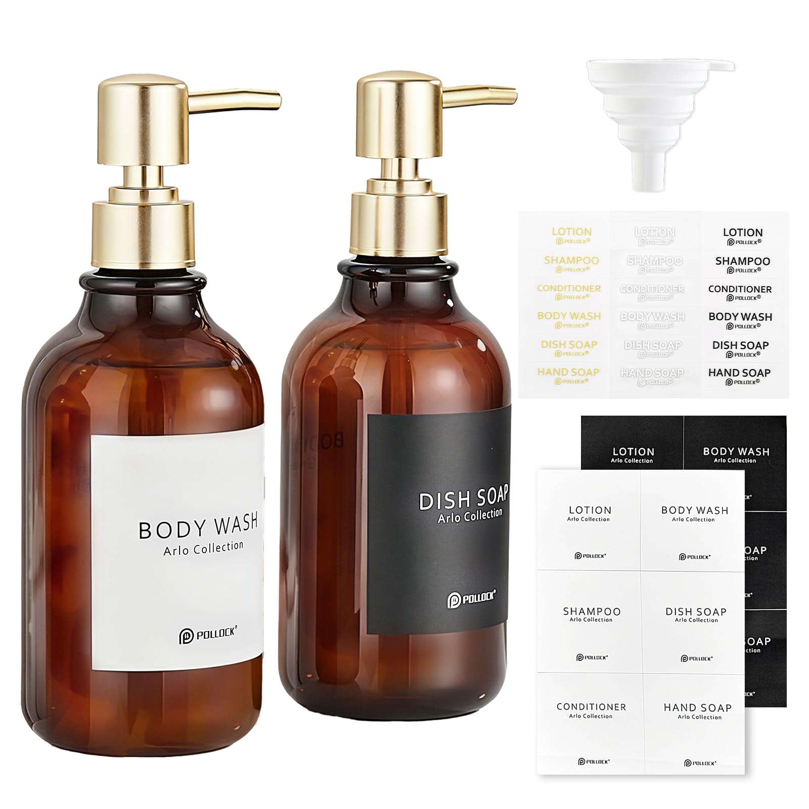 Pollock Hand and Dish Soap Dispenser Amber for Kitchen & Bathroom 2 Pack, Shower Gel Dispenser with Funnel and Waterproof Labels, Washing Up Liquid Dispenser Bottle with Gold Pump