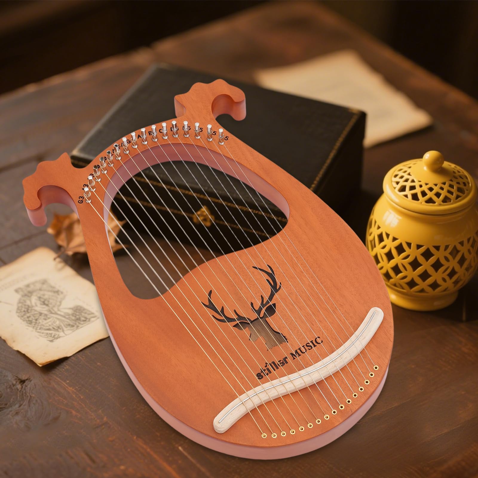 Harfa mahoń, 16 strunowych instrumentów harfowych, harfa z 16 dodatkowymi strunami, klucz do strojenia, instrument w kolorze drewna, 26 x 39 x 2,7 cm, dla dzieci, dorosłych, początkujących, miłośników