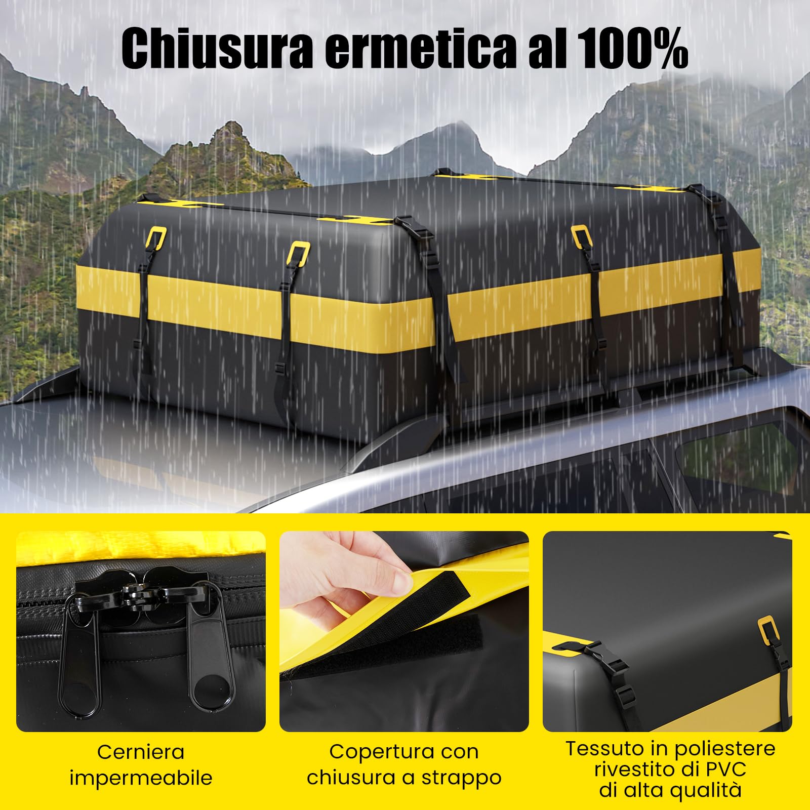 GYMAX Sacca da Tetto per Auto Impermeabile da 595 L con Tappetino Antiscivolo & Lucchetto a Combinazione & 10 Cinghie & 6 Ganci Porta, Adatta a Tutti i Veicoli con/senza Barre Portatutto