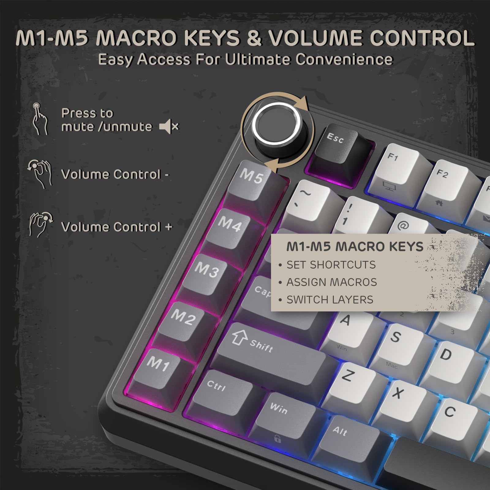 RK ROYAL KLUDGE L75 Teclado mecánico de montaje de junta con perilla/teclas macro y placa de identificación táctil, teclado inalámbrico TKL 75% de triple modo BT/2.4G/USB-C, intercambiable a caliente