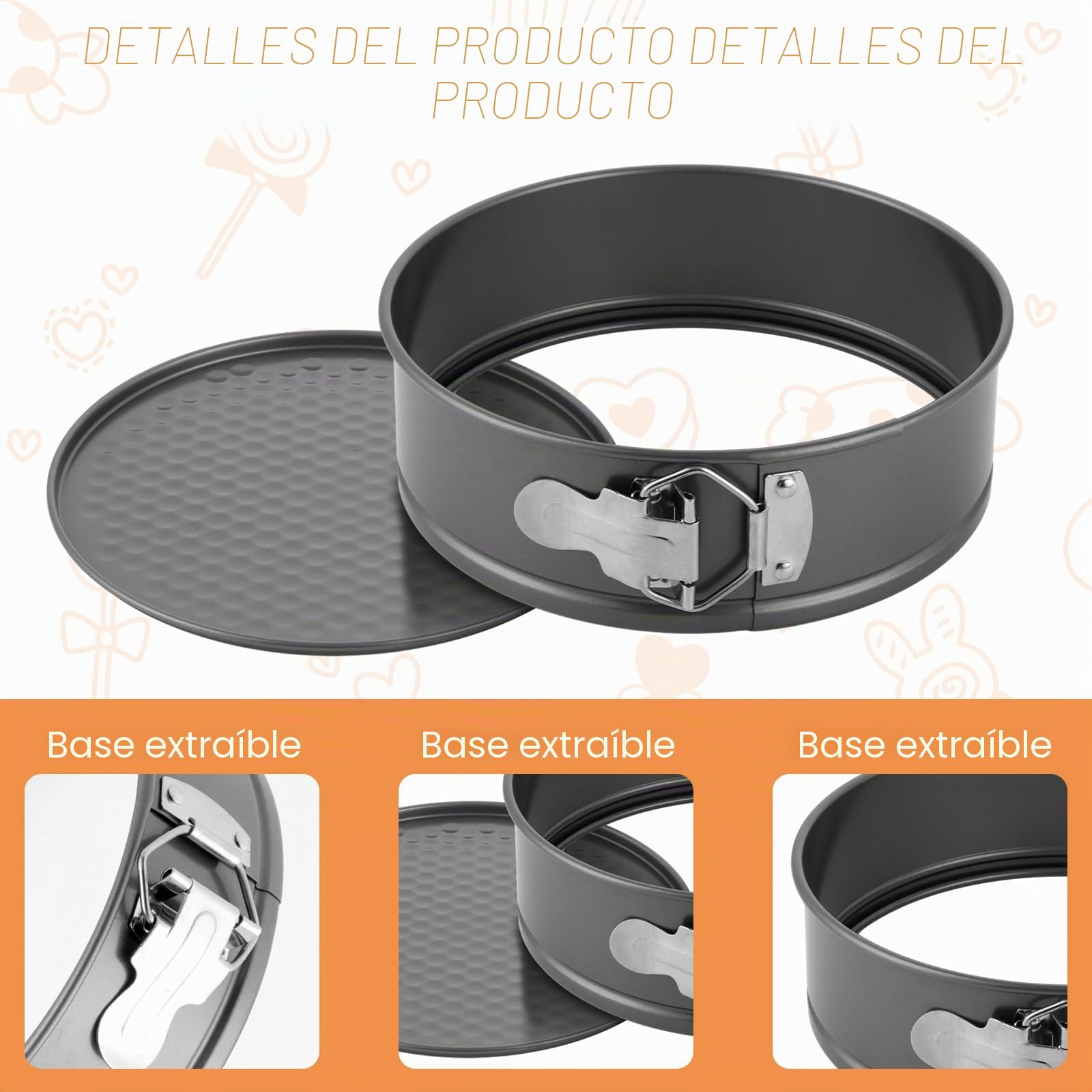 3 piezas Molde desmontable 20 cm, redondas de acero al carbono con revestimiento antiadherente, base extraíble y cierre lateral para tartas, bizcochos y cheesecake