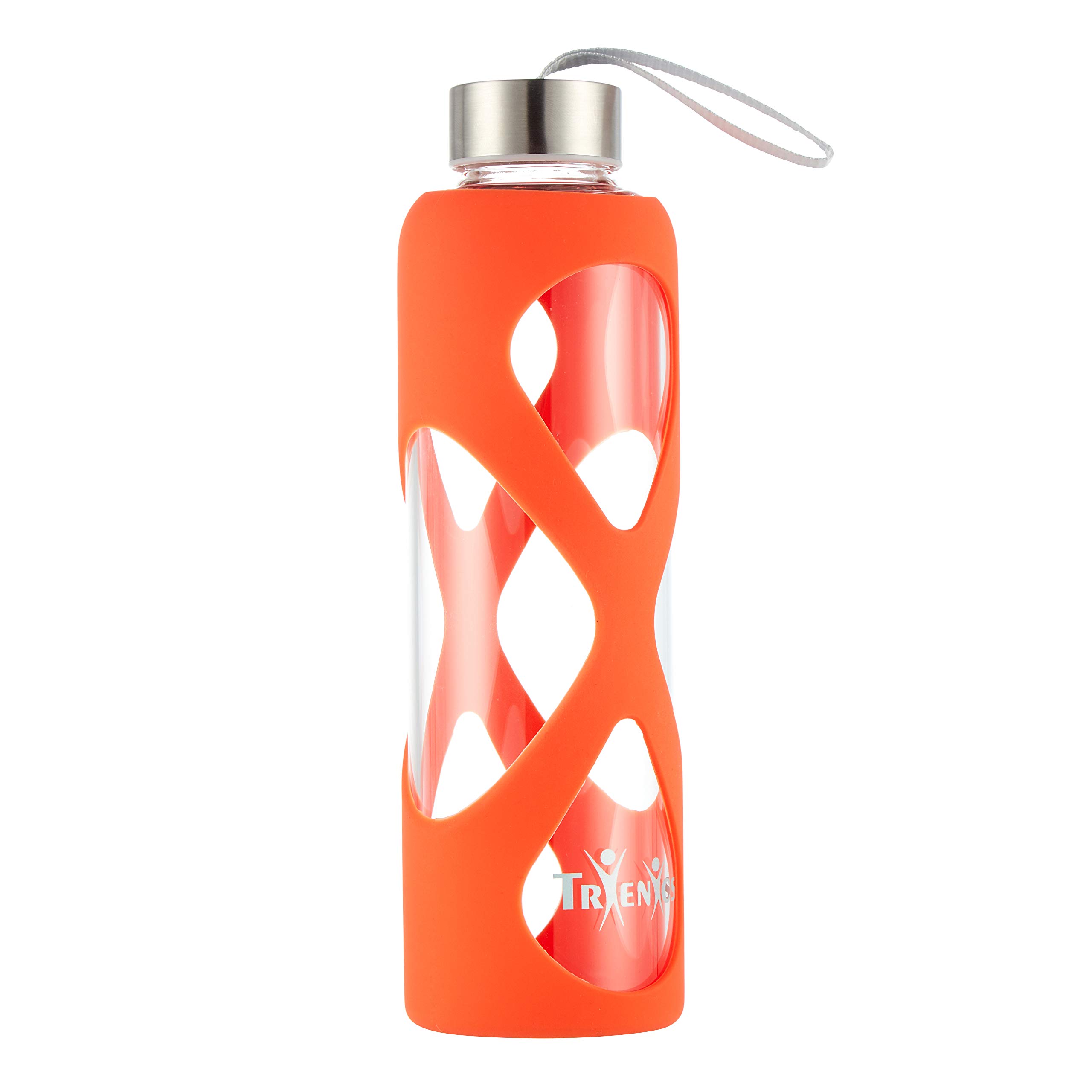 Trienics550ml Glass Water Bottle, Eco-Friendly Borosilicate Glass Sports/Travel Water Bottle with a Non-Slip Silicon Sleeve, Stainless Steel leak-proof cap, BPA-Free, no Plastic