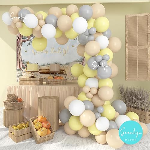 Miniatura 8 de Soonlyn The Pooh - Kit de guirnalda de arco de globos para decoración de baby shower, 9-10 pies, 12 pulgadas, amarillo, nude, gris, blanco, para