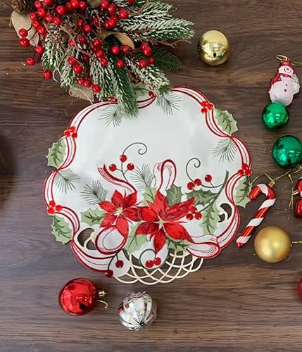 Miniatura 9 de Juego de 4 manteles individuales navideños bordados con flores navideñas para decoración del hogar, comedor, mesa de Navidad, 14 pulgadas, redondos