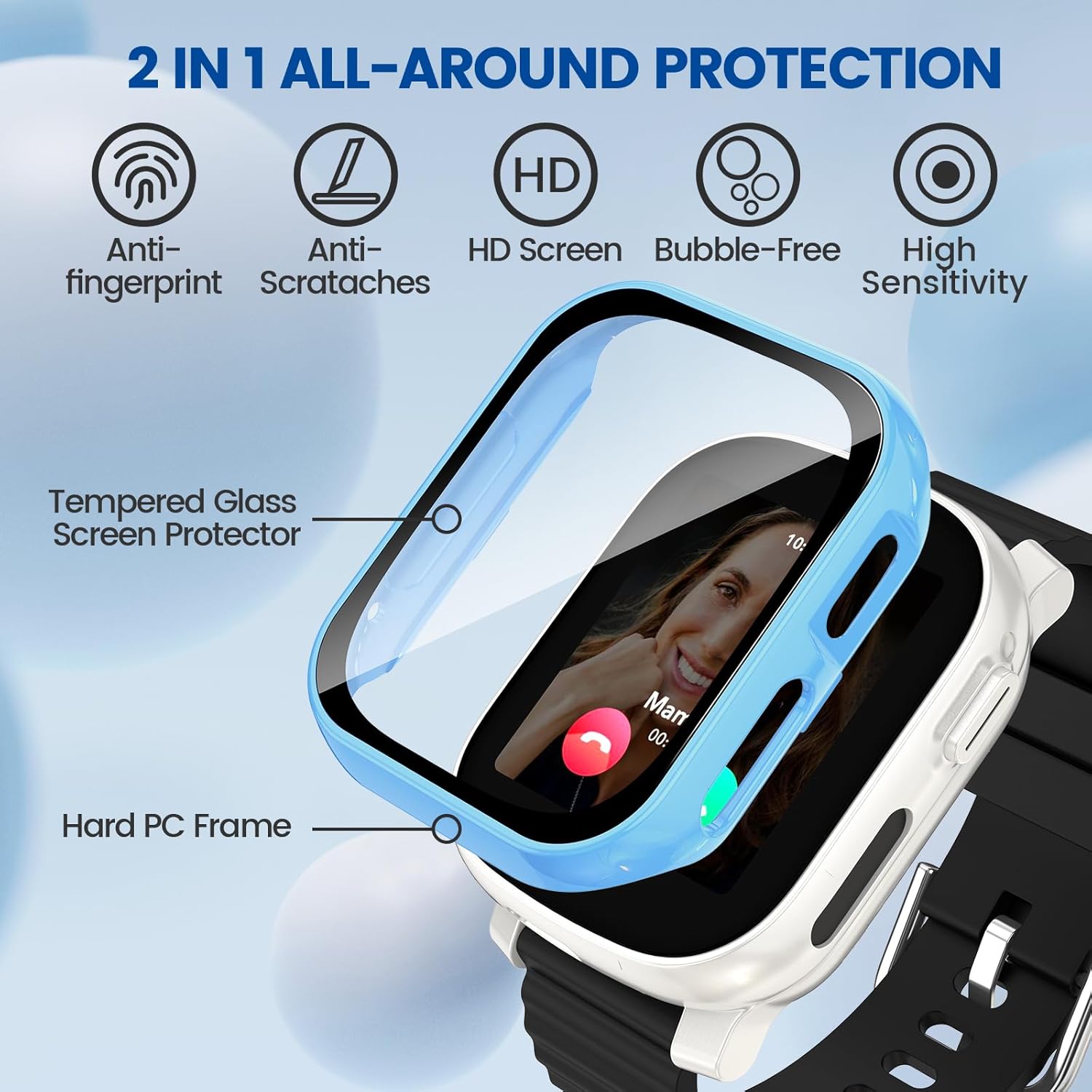 Icons representing anti-fingerprint, anti-scratches, HD screen, bubble-free, and high sensitivity features, with a diagram showing the tempered glass screen protector and hard PC frame.