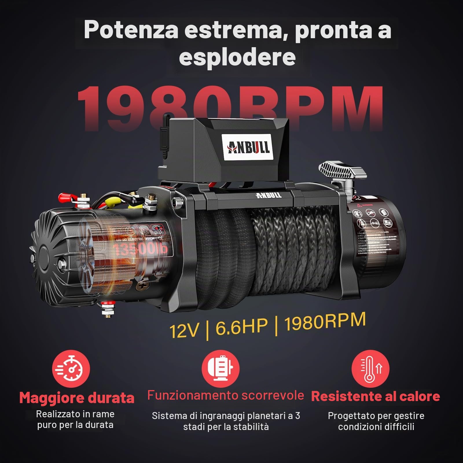 Anbull Verricello Elettrico 12V 13500 LBS/ 6T Sintetico 26m IP67 4,85 kW