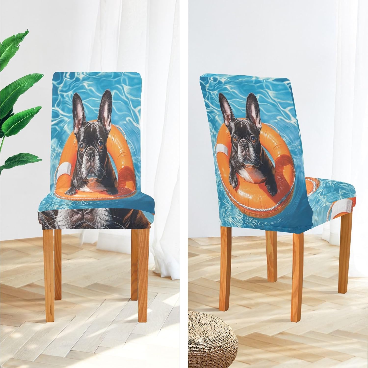 ALAZA Chair Covers for Dining Room, French Bulldog Life Buoy in Pool Stretch Chair Cover Sets Chair Protector Removable Washable for Ktichen Restaurant Hotel