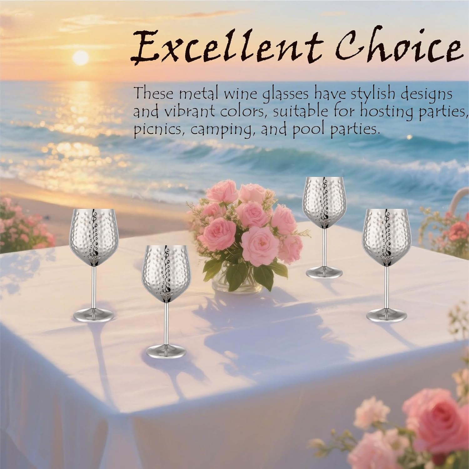 Stainless Steel Wine Glasses-18 oz Unbreakable Hammer point Wine Goblets, Elegant Unique Metal Wine Glass for Outdoor, Travel, Camping, Pool,Gift for Wine Lovers (Set of 4) (Silver)