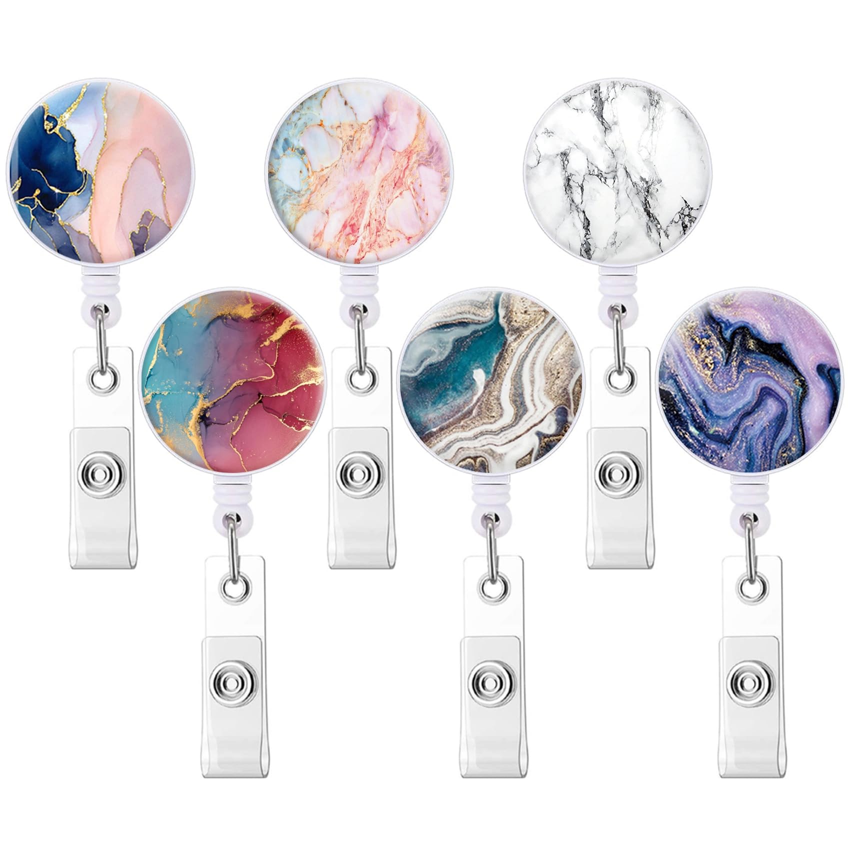 6 Pack Mixed Pattern Retractable Badge Holders Cute Nursing Badge Reel Badge Clip ID Card Holders A-Modern Marble