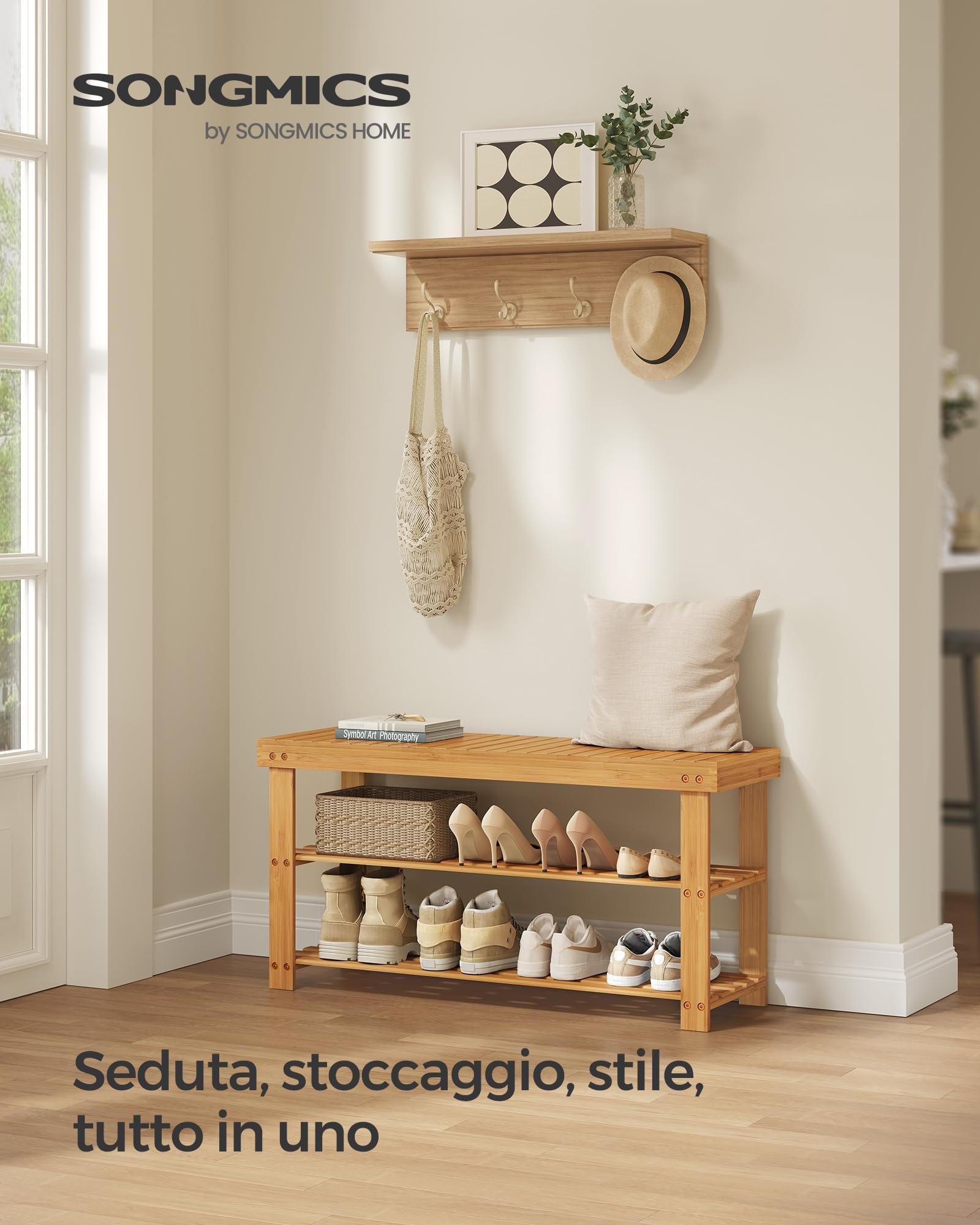 SONGMICS, Scarpiera in Bambù a 3 Livelli, Panca per Corridoio, Può Contenere fino a 130 kg, 28,7 x 90 x 45,3, Ingresso, Bagno, Camera da Letto, Naturale LBS90N, 90L cm