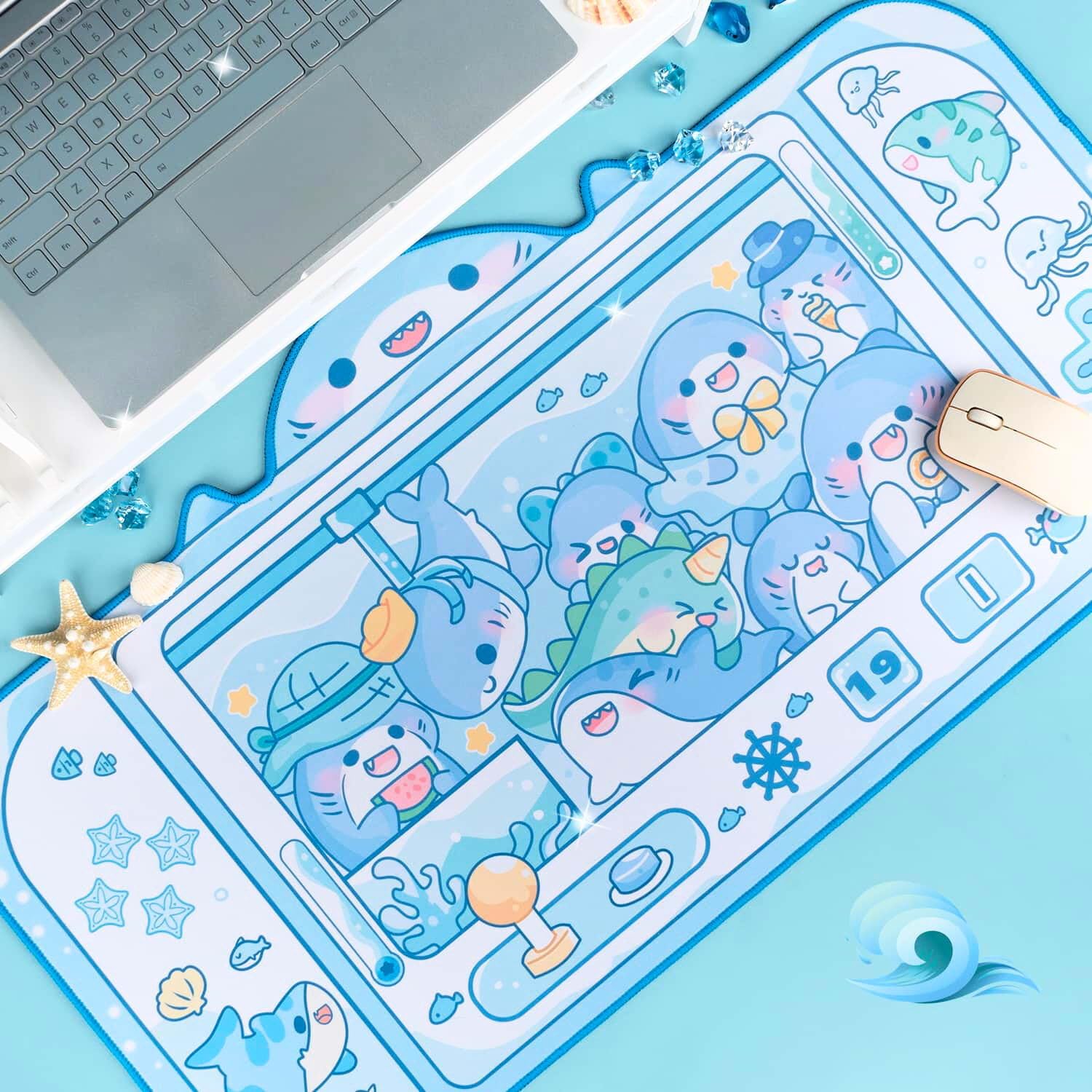 BelugaDesign Tappetino da scrivania con squalo, grande tappetino per mouse color pastello | Cutecore Ocean Switch Anime Keyboard Gaming | Lavabile in lavatrice antiscivolo da scrivania per bambini