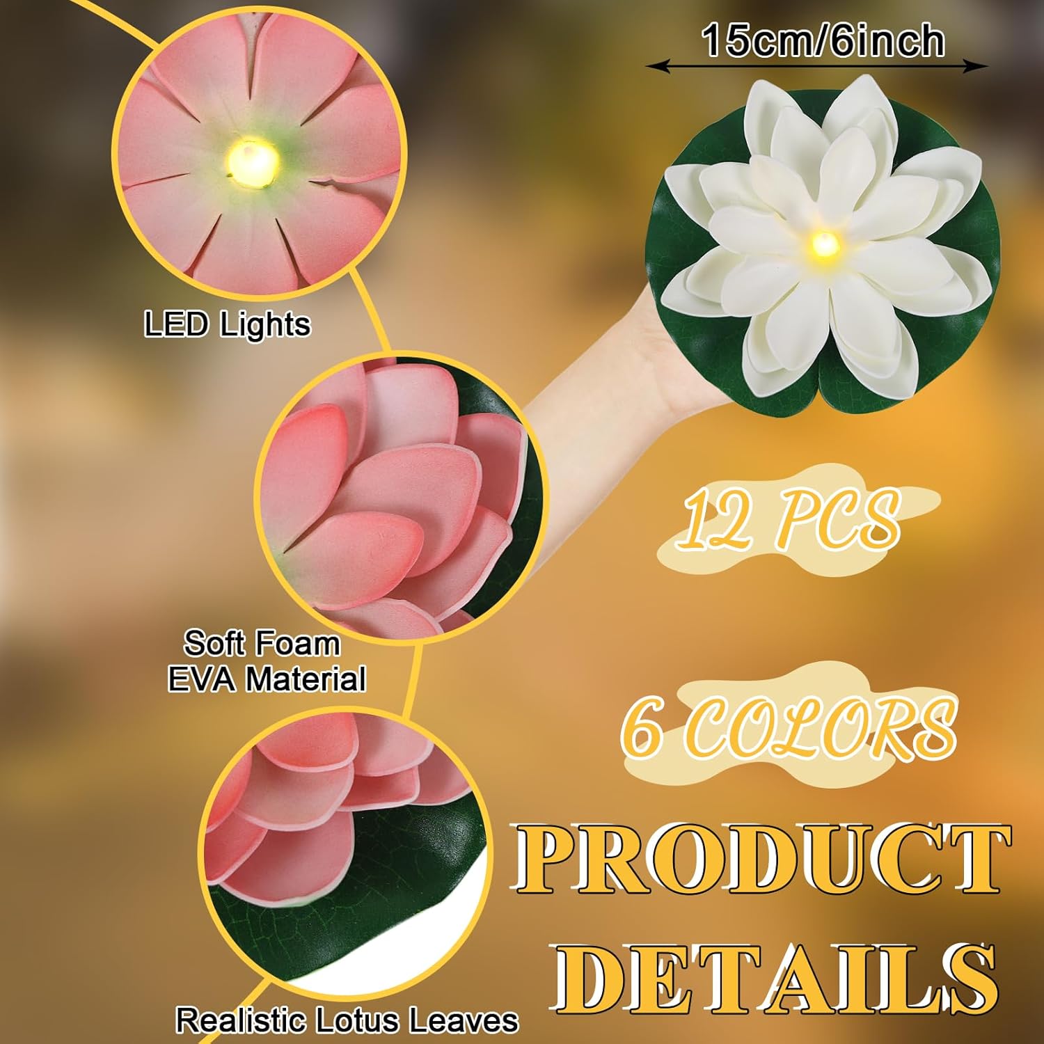 LACGO Waterproof Floating Lotus Light, 12PCS Floating Lily Light Water Activated Artificial Flowers Battery Operated for Wedding Pool Anniversary Garden Decoration(6 Inch, Mix-Color)