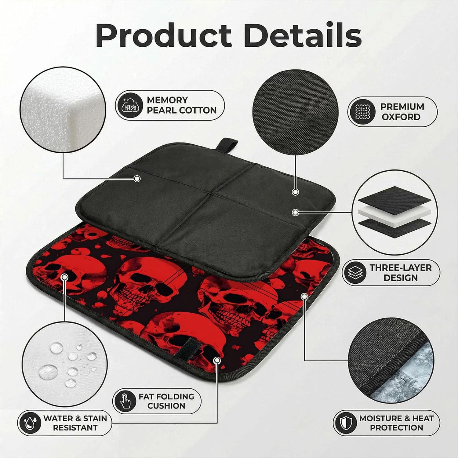 (Red Skulls) Sitting Pad Foldable Seat Cushion Lightweight Camping Seat Mat with Hook for Outdoor Hiking Picnic Camping