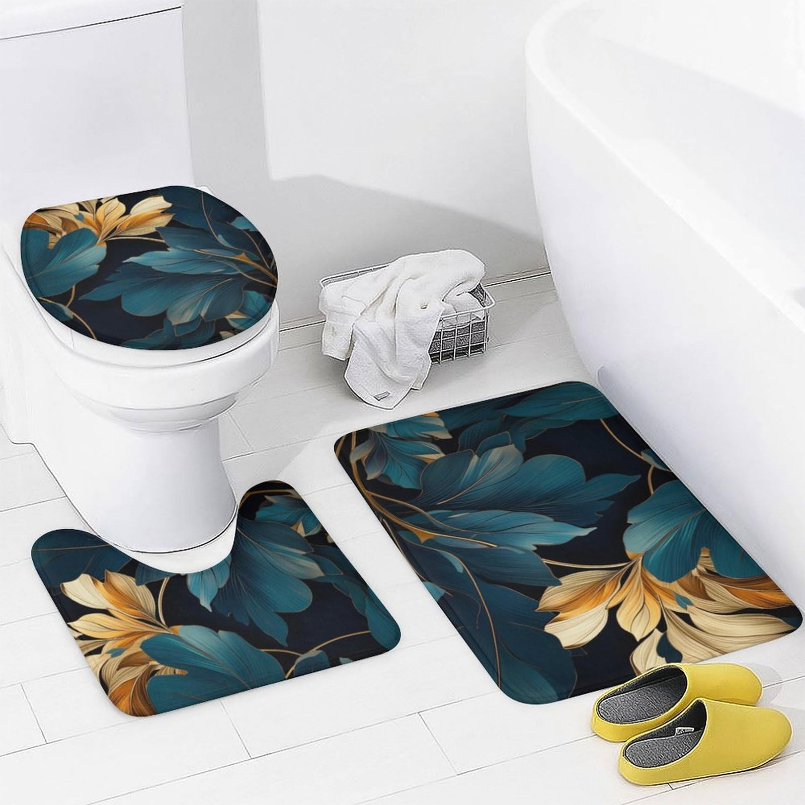 DEBAOKA Set di 4 pezzi vintage da bagno con tenda da doccia tappeti accessori oro blu navy pianta rustica set di decorazioni per il bagno con tappeti antiscivolo coperchio WC tappetino da