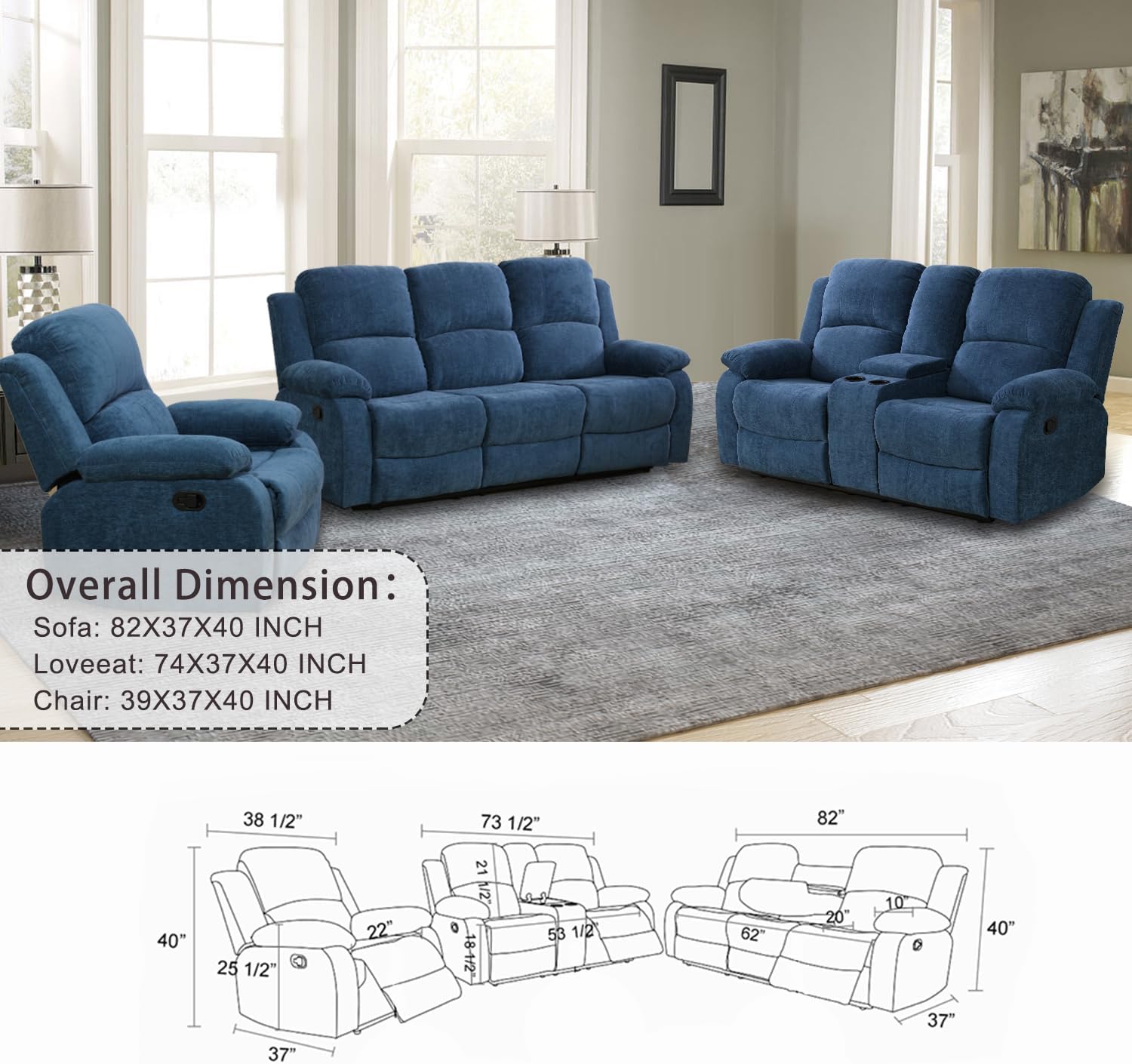 Manual Recliner Chair, Reclining Chair, Blue Recliner Armchair for Living Room