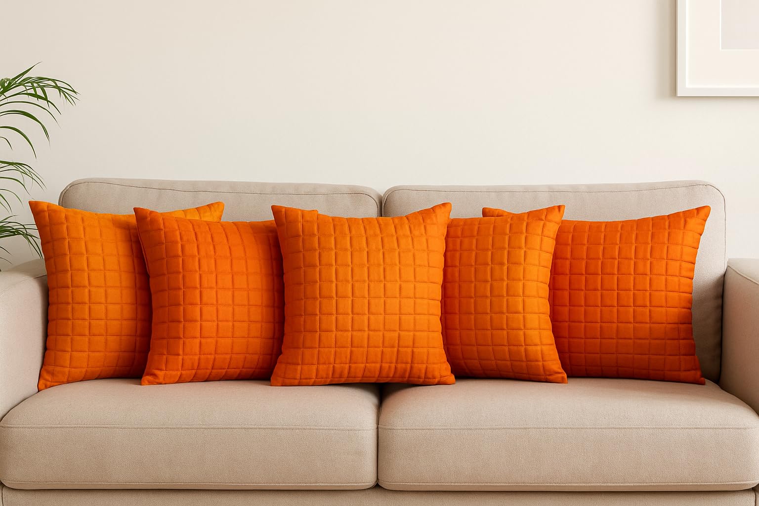 EVERIA Premium Quilted Cushion Cover 16x16 Inch – Dupion Silk Blend – Soft & Durable Decorative Pillow Cover for Sofa, Bed, Living Room – Set of 5 pc (Orange)-image-5