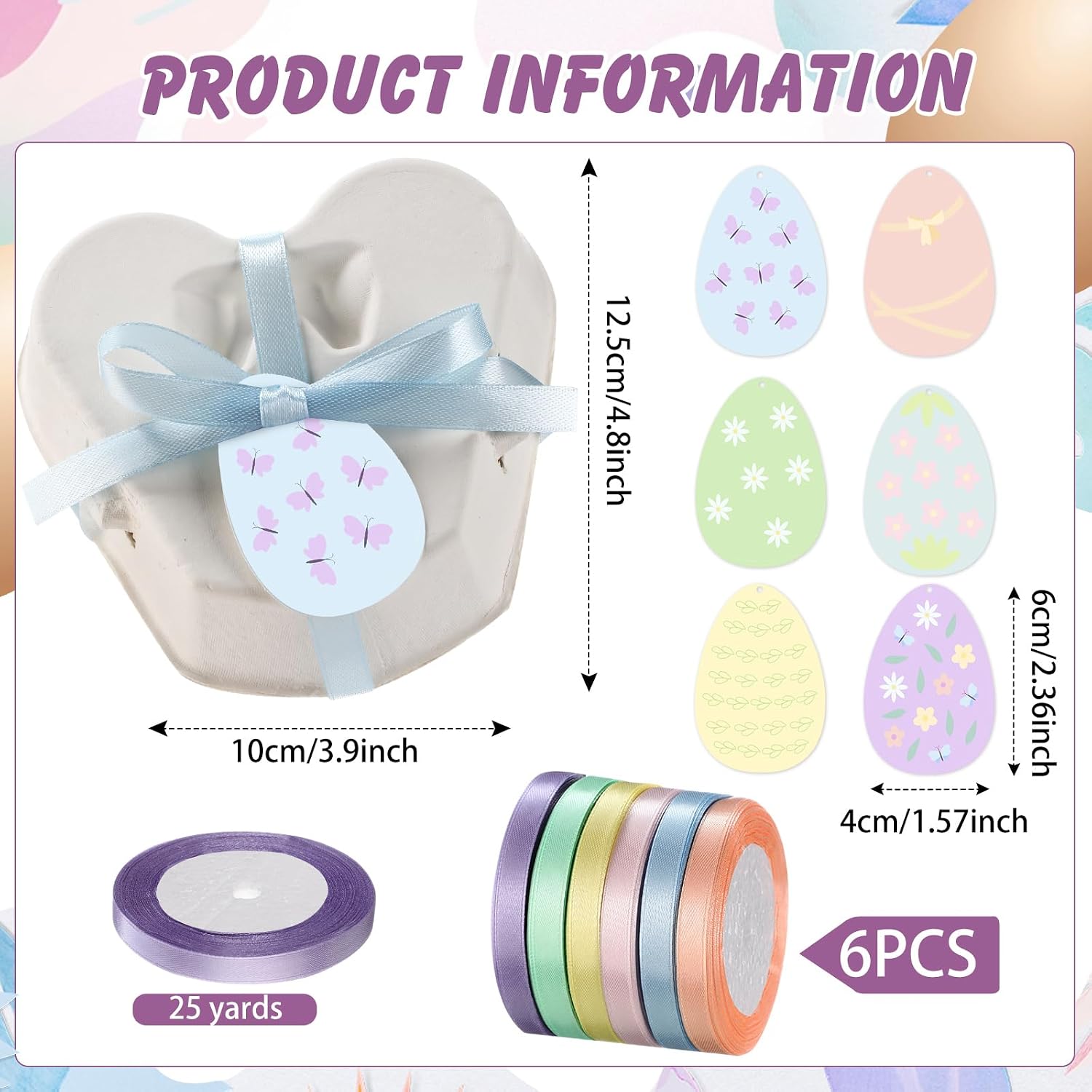 Fullhawl 24 Pcs Egg Cartons White Heart Shaped Egg Holder Natural Pulp Paper for Chicken Eggs with Macaron Color Label Ribbon for Easter Gift, Arts and Crafts Reusable (Cute)