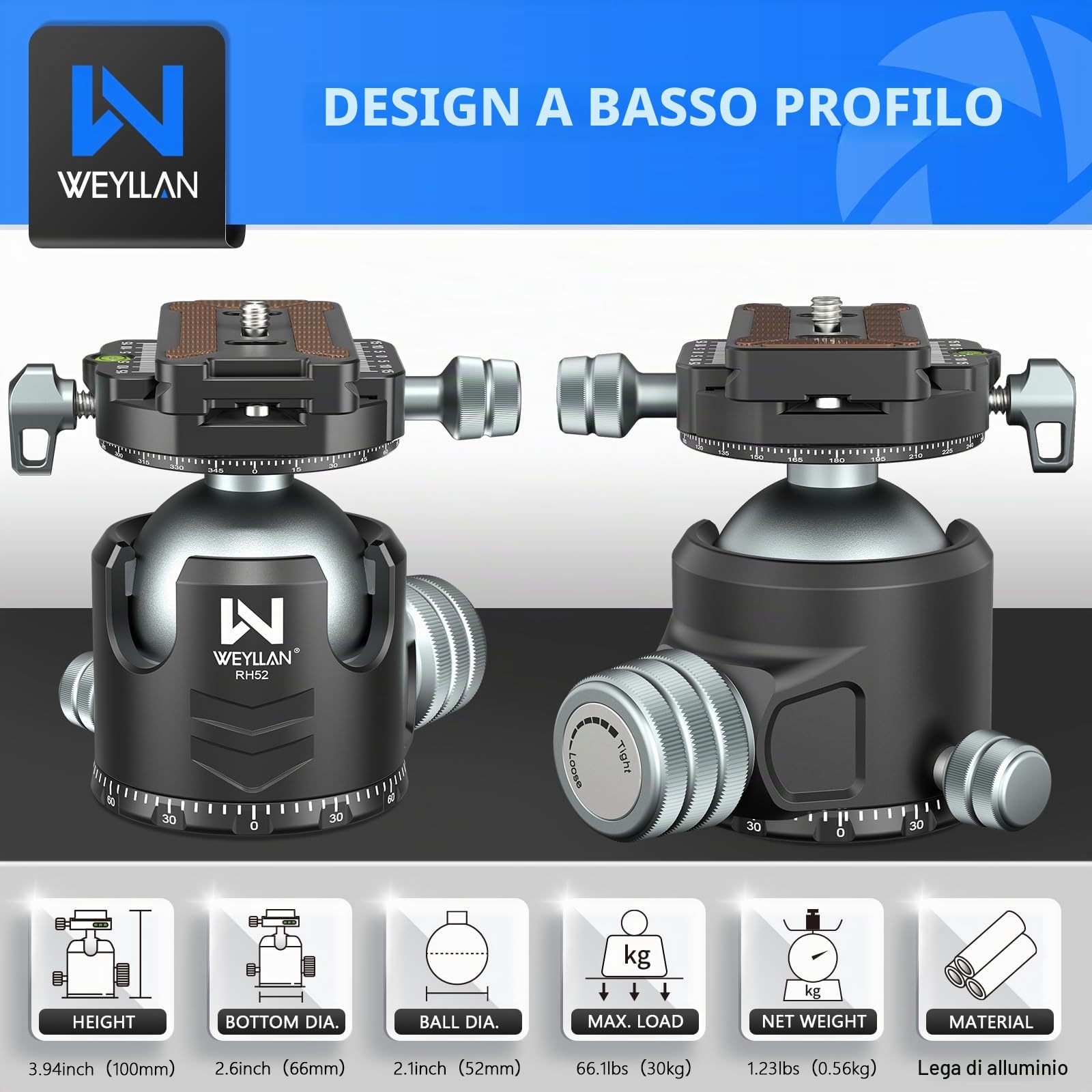WEYLLAN Testa A Sfera Treppiede Fotocamera, Doppio Panorama 360 Gradi Testa Sfera Basso Profilo, Testa Treppiede Video Con 2 Piastre A Sgancio Rapido Compatibile Con Arca-Swiss, 30kg Di Portata