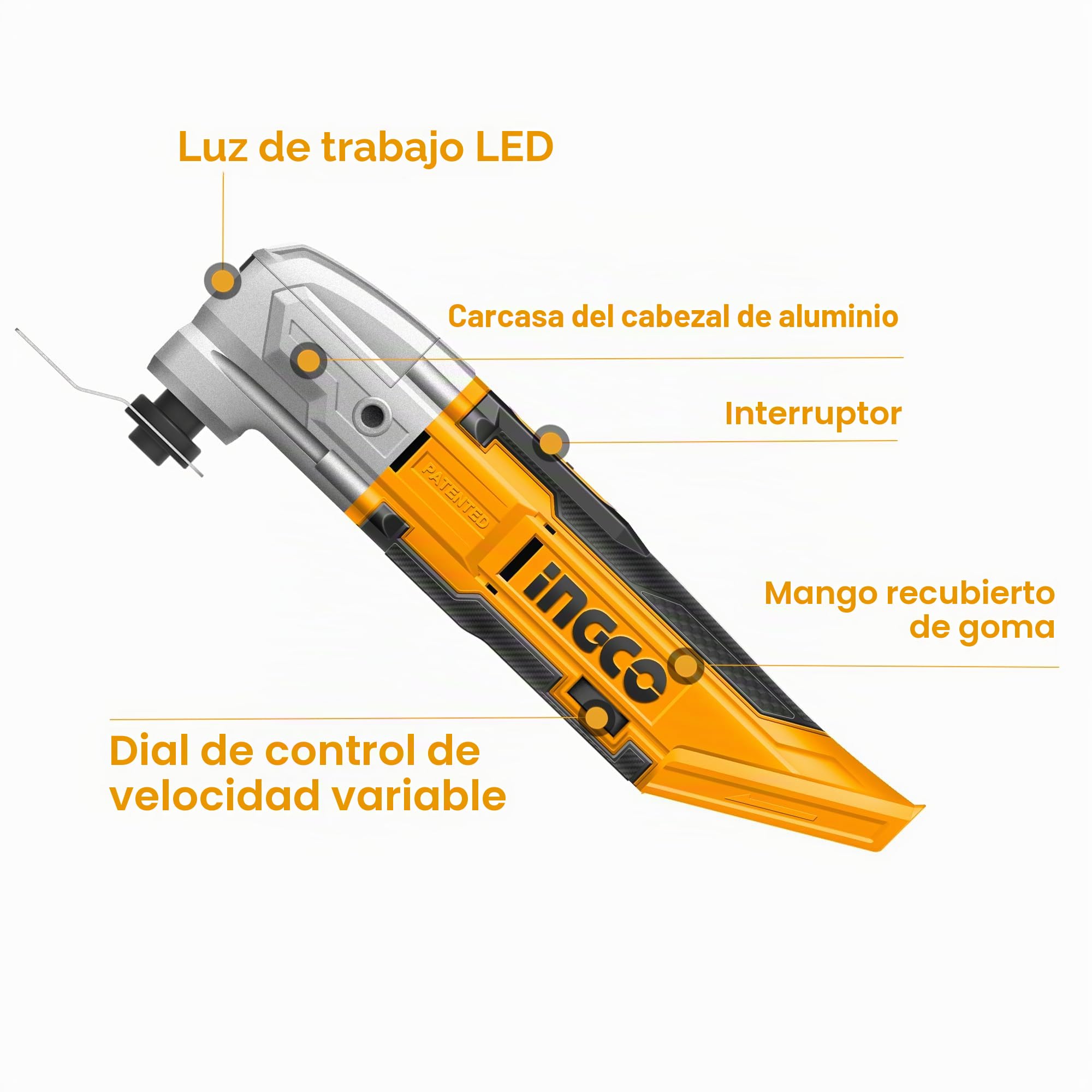 Multiherramienta Oscilante Inalámbrica sin Escobillas INGCO 20V 20000RPM Herramienta Multifunción de para cortar/aserrar/pulir/moler (Sin Batería)