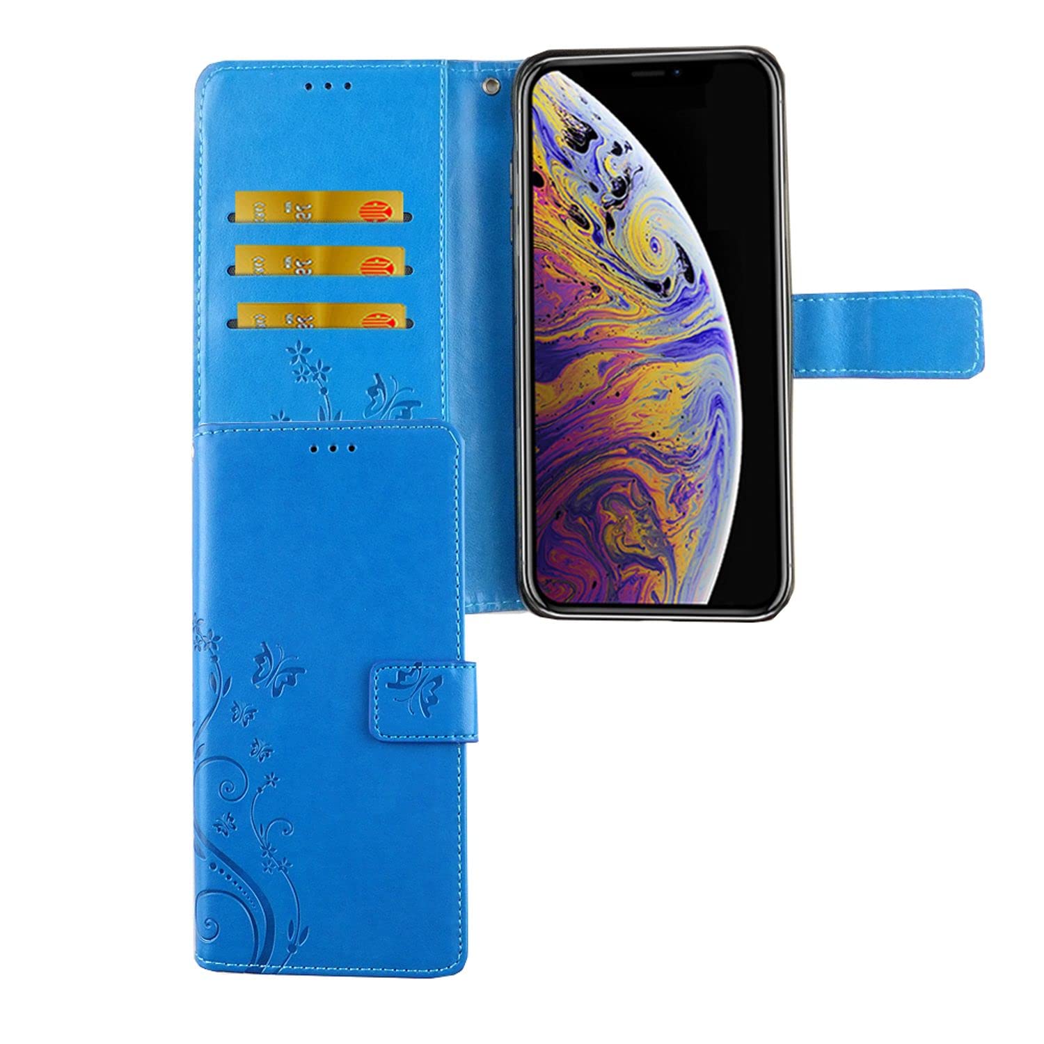 Étui en cuir synthétique bleu fleurs pour Apple iPhone XS Max avec porte-cartes König Design - 7