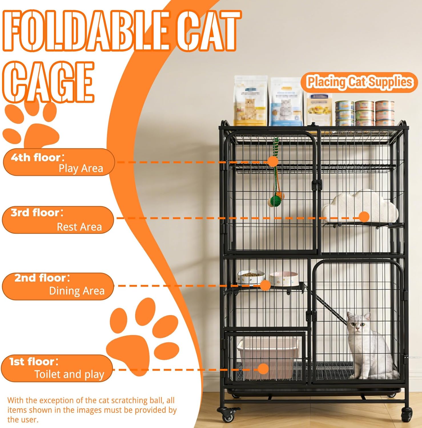 Multi-Tier Collapsible Cat Cage Crate, cat playpen for Indoor with 360° Wheels, Metal Wire Cat Kennel with Secure Lock, Large Ferret Playpen for Adult Cats Kitten Chinchilla (Black 4-Tier)